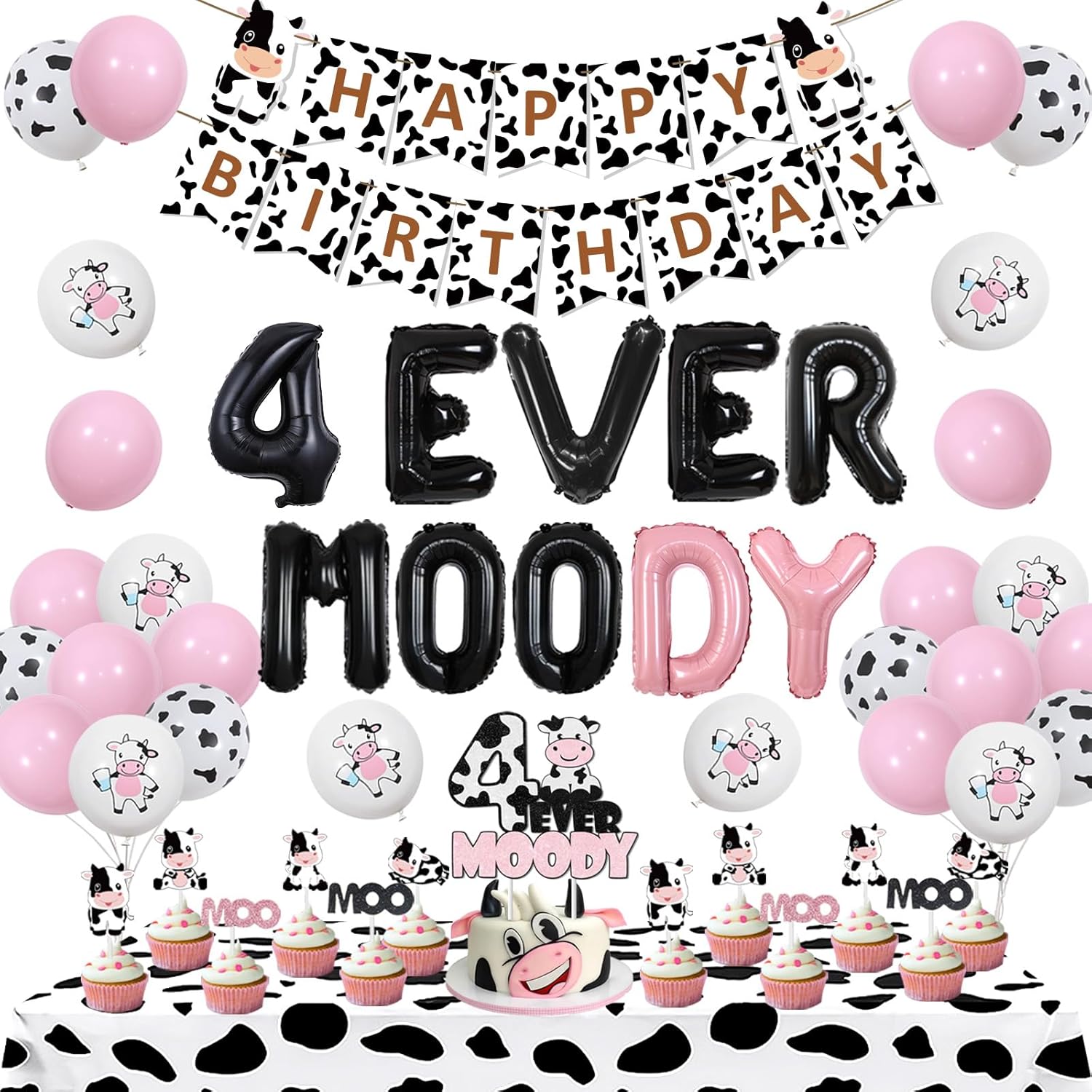 4th Birthday Party Decorations - Happy Birthday Banner, Cake Toppers, Tablecloth for Cow Theme Party