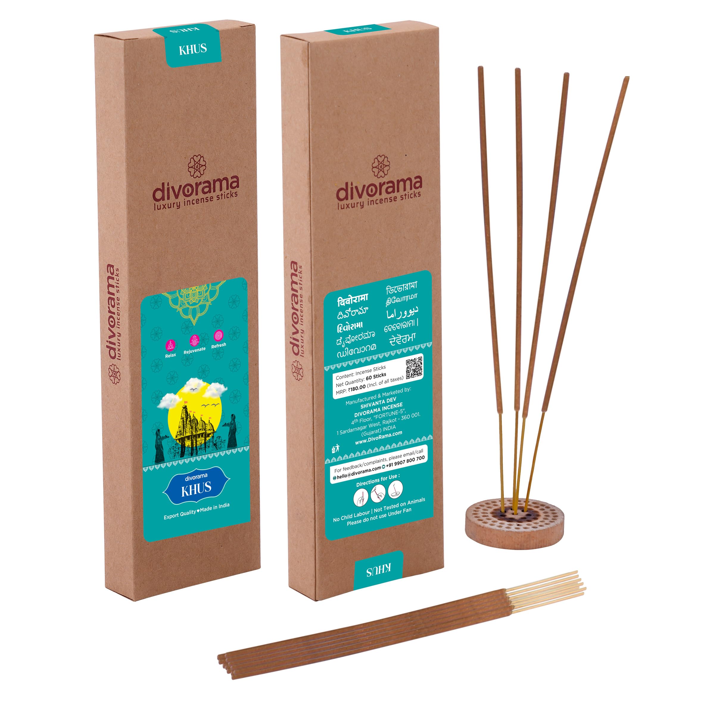DivoRama Vetiver Luxury Incense Agarbatti - 100% Natural Indian Aroma - Long Lasting KhusKhus Agarbattis for Puja, Meditation, Happy Vibes, Wealth & Peace - Pack of 4 (60 Sticks/Pack) KhasKhas