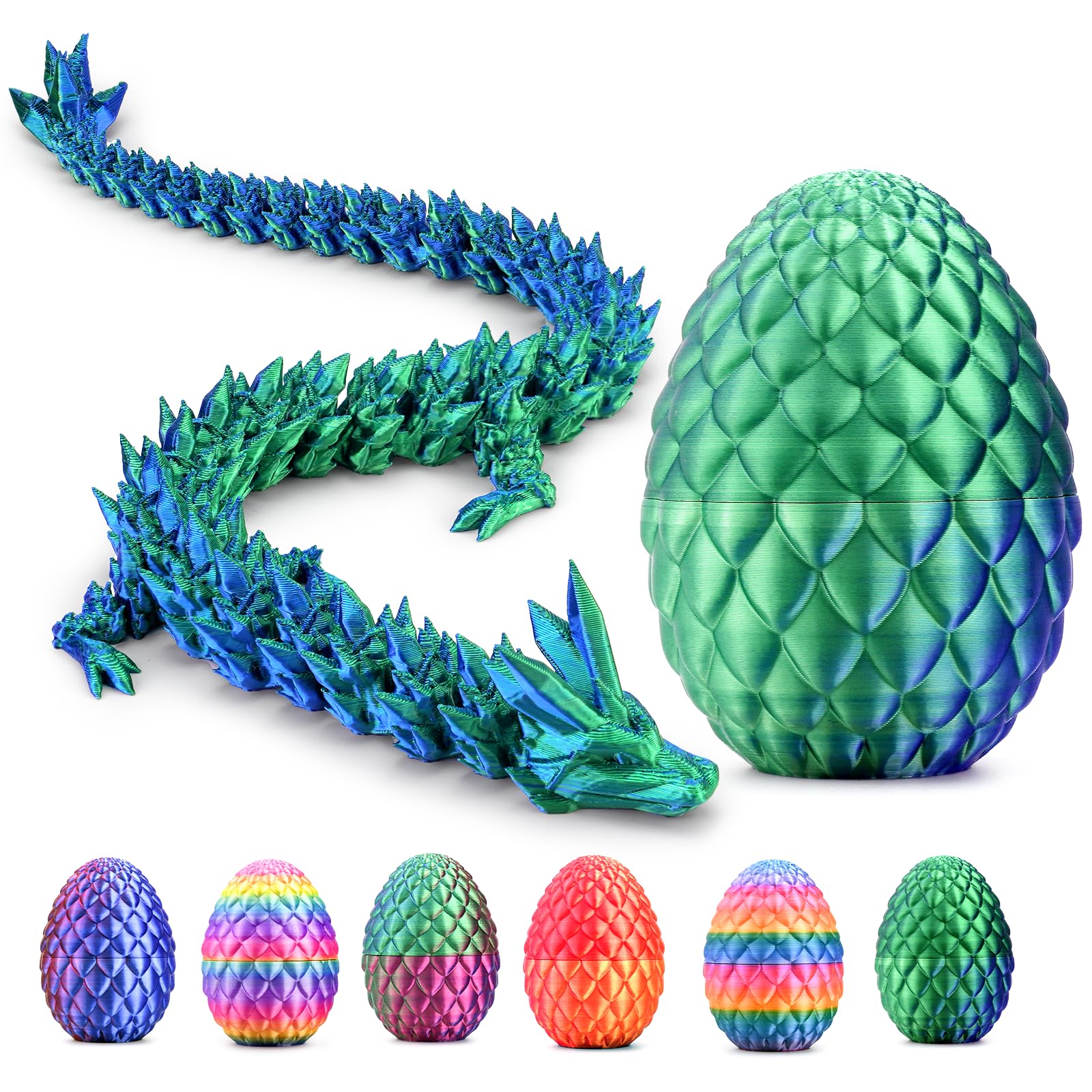 TiTiC 3D Printed Dragon,Mystery Easter Crystal 3D Dragon Egg,Dragon Eggs with Dragon Inside,3D Printed Animals Fidget Desk Decor (Blue Green, 12.5in)