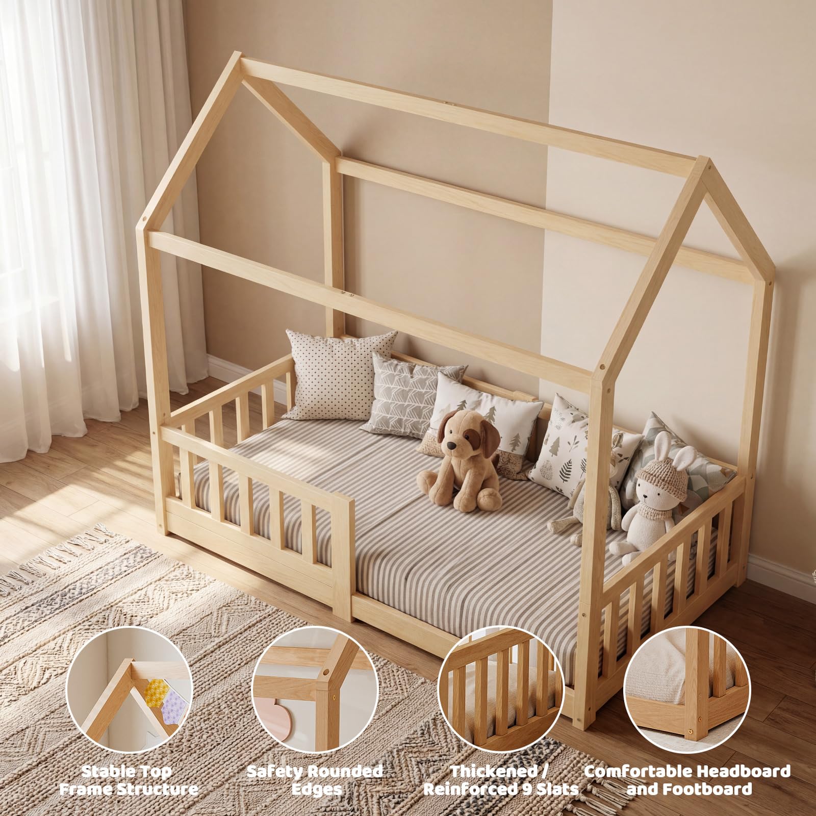 70x140cm Holz Kinder Hausbett mit Rausfallschutz und Lattenrost | Schön Montessori Bodenbett für Kleinkind, Kiefernholz Massiv Kinder Bett geeignet für Mädchen und Jungen