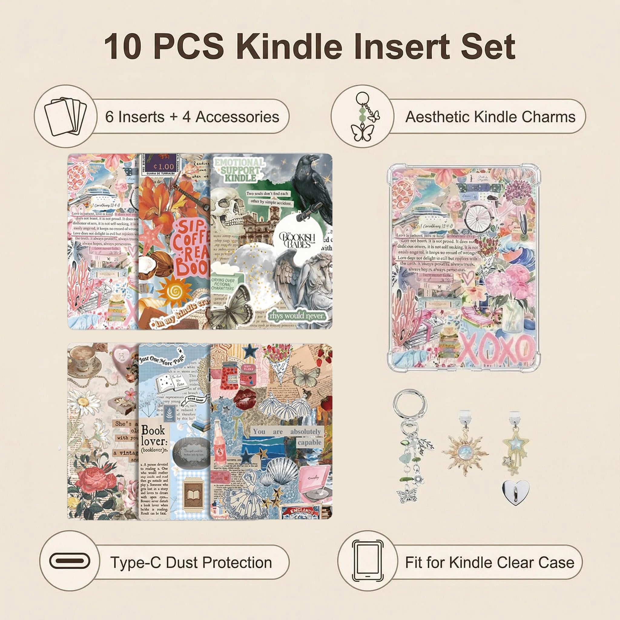 10Pcs Inserts For E-Reader Clear Case, Decorative E-Reader Insert Cards with Type C Dust Plug and Keychain, Compatible with Kindle Paper white 11th/12Th Colorsoft — view 4