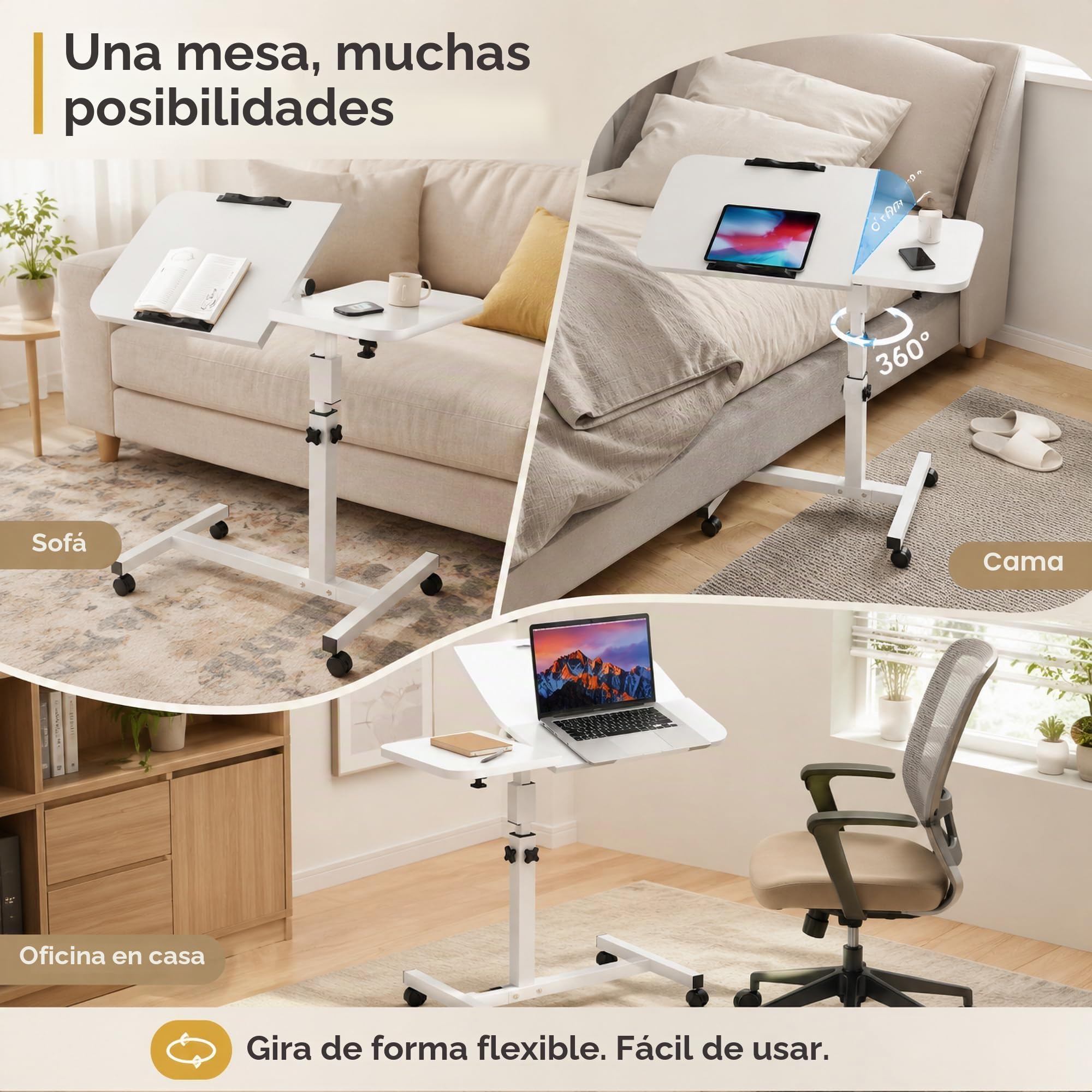 Mesa Auxiliar Plegable con Ruedas, 60 X 40 cm, Blanca | Altura 60–95 cm, Giro 360° y Frenos, Para Cama, Sofá, Madera y Marco Metálico