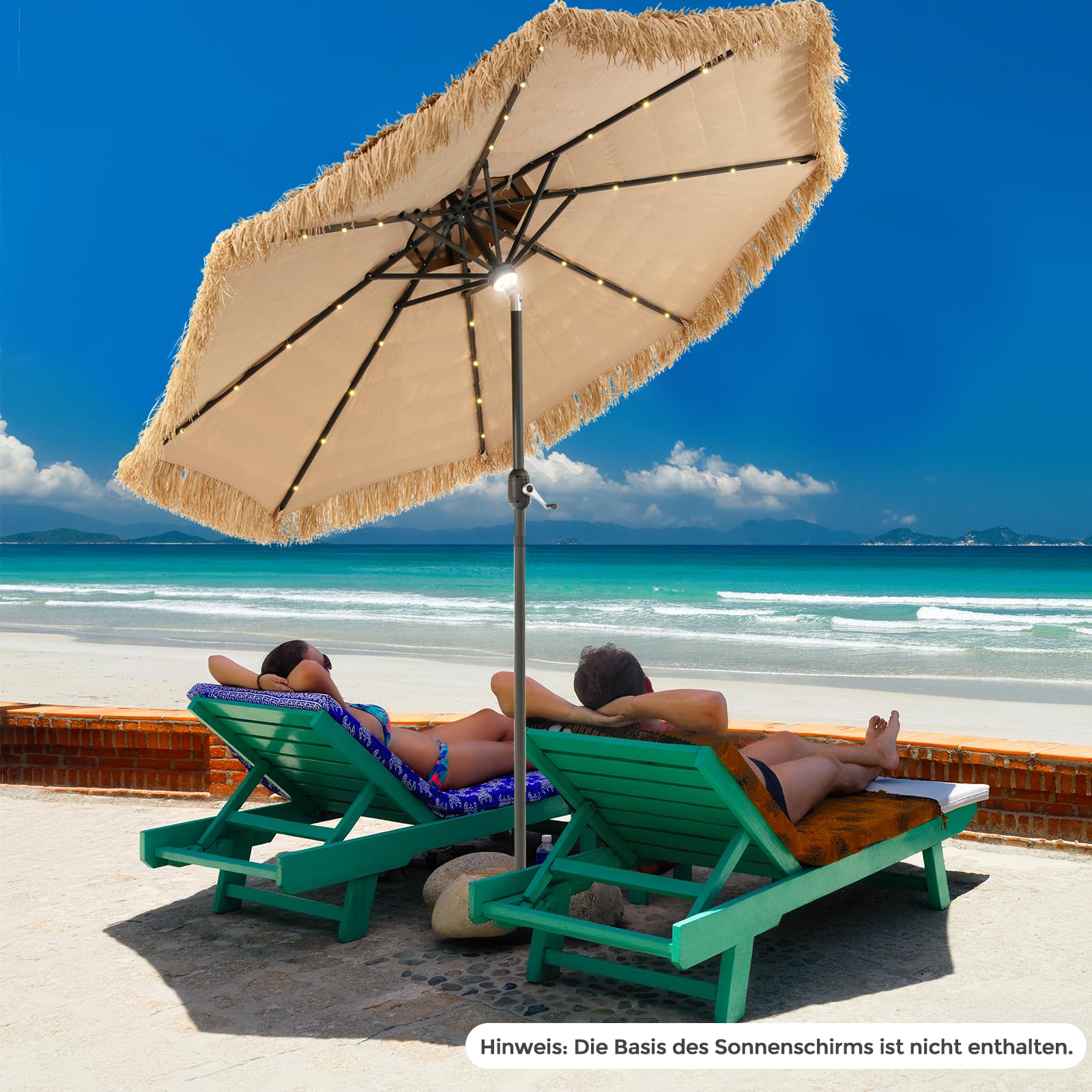 GOPLUS Sonnenschirm Hawaii, Ø 270 cm Strohschirm um 30° knickbar, Strandschirm mit LED-Solar-Beleuchtung, Sonnenschirm Stroh mit Doppeldach & Kurbel, Gartenschirm klappbar für Strand, Balkon & Garten