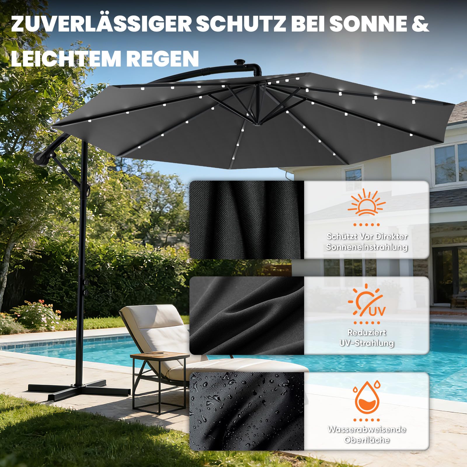 Huracan parasol déporté avec pied & couverture, solaire LED grand parasol à manivelle, pivotant à 360°, aluminium pliable, protection UV, inclinable, pour balcon, terrasse, jardin