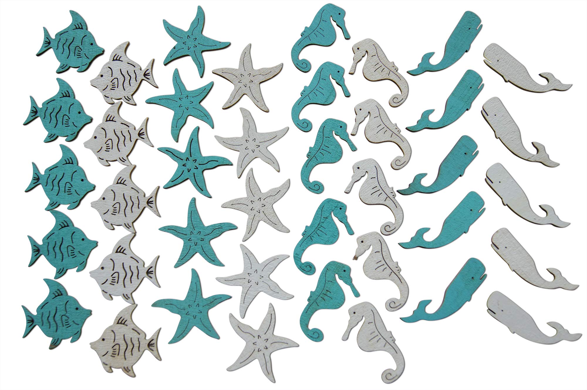 Shoreside Nautical Sea Creatures Miniature Beach Themed Arts and Crafts Wood Cut Outs Seahorse, Whale, Starfish and Fish (40 Pieces)