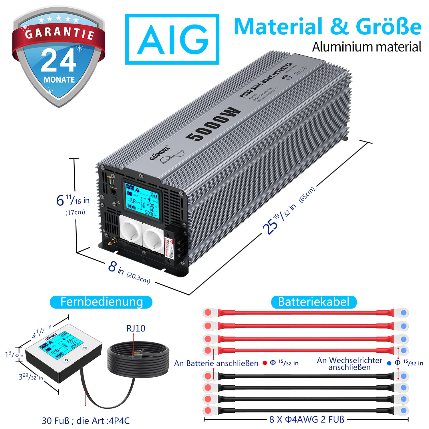 GIANDEL Inversor de voltaje de 5000 W, 12 V a 230 V, compatible con batería de litio para instalación solar, autocaravana, camión, campista, con mando a distancia de 30 pies, gran pantalla LCD