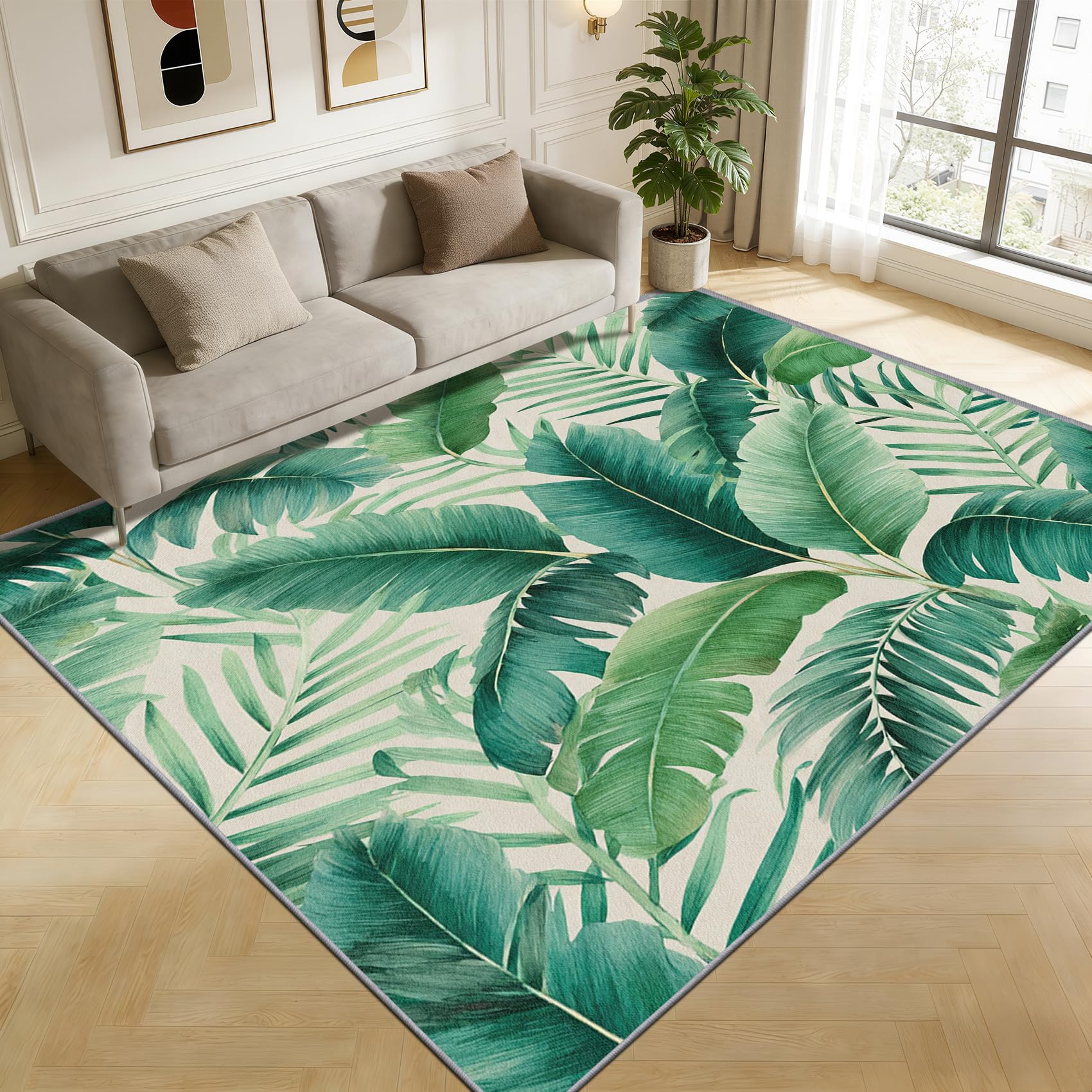 TerroVee Tropical Leaf Area Rugs for Living Room 100x150 - Banana Palm Leaves Rug for Bedroom, Coastal Beach House Botanical Non Slip Washable Short Pile Carpet, Tropical Leaves Room Decor