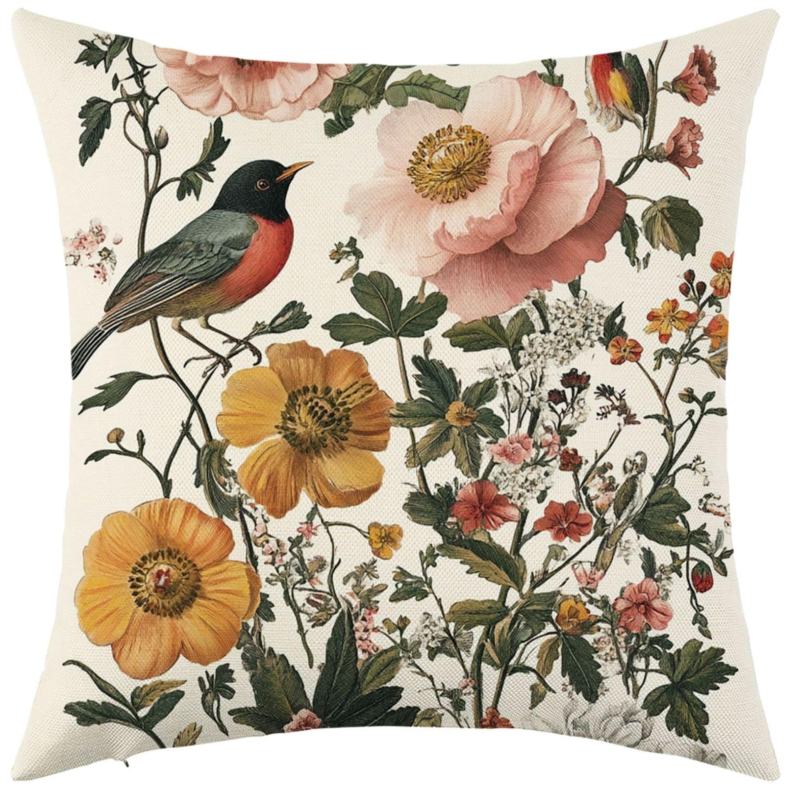 Cushion Covers 40cm x 40cm Retro Green Leaves Decorative Pillows Linen Square Sofa Bed Cushions with Invisible Zipper Throw Pillow for Living Room Outdoor Pillowcases