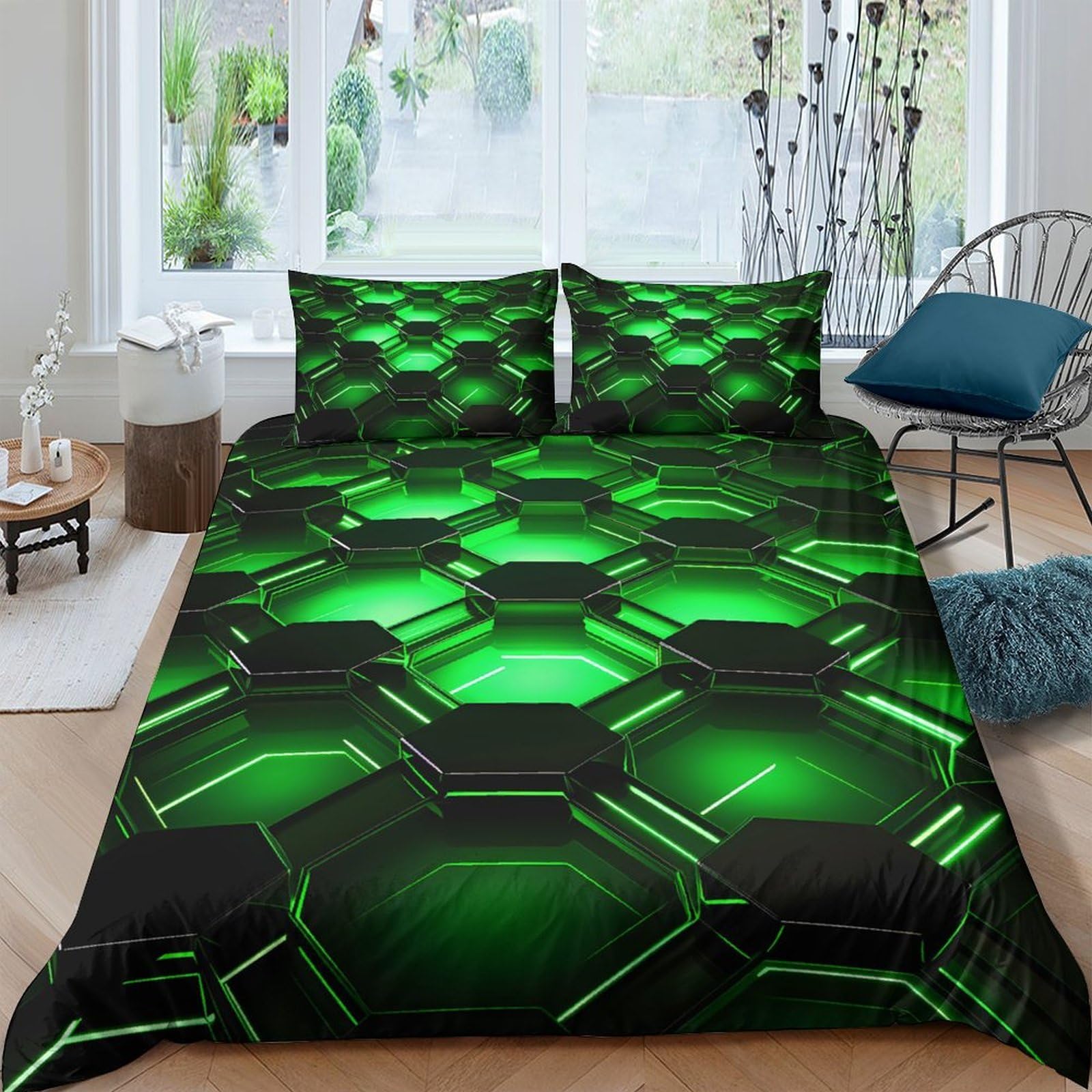 Ctjqhvkz Style-2 3D Printed Hexagon Neon Green Fitted Sheet Microfiber Soft Bedroom Decor Black Geometric Mattress Cover For Home Dorm Single（135X200cm）