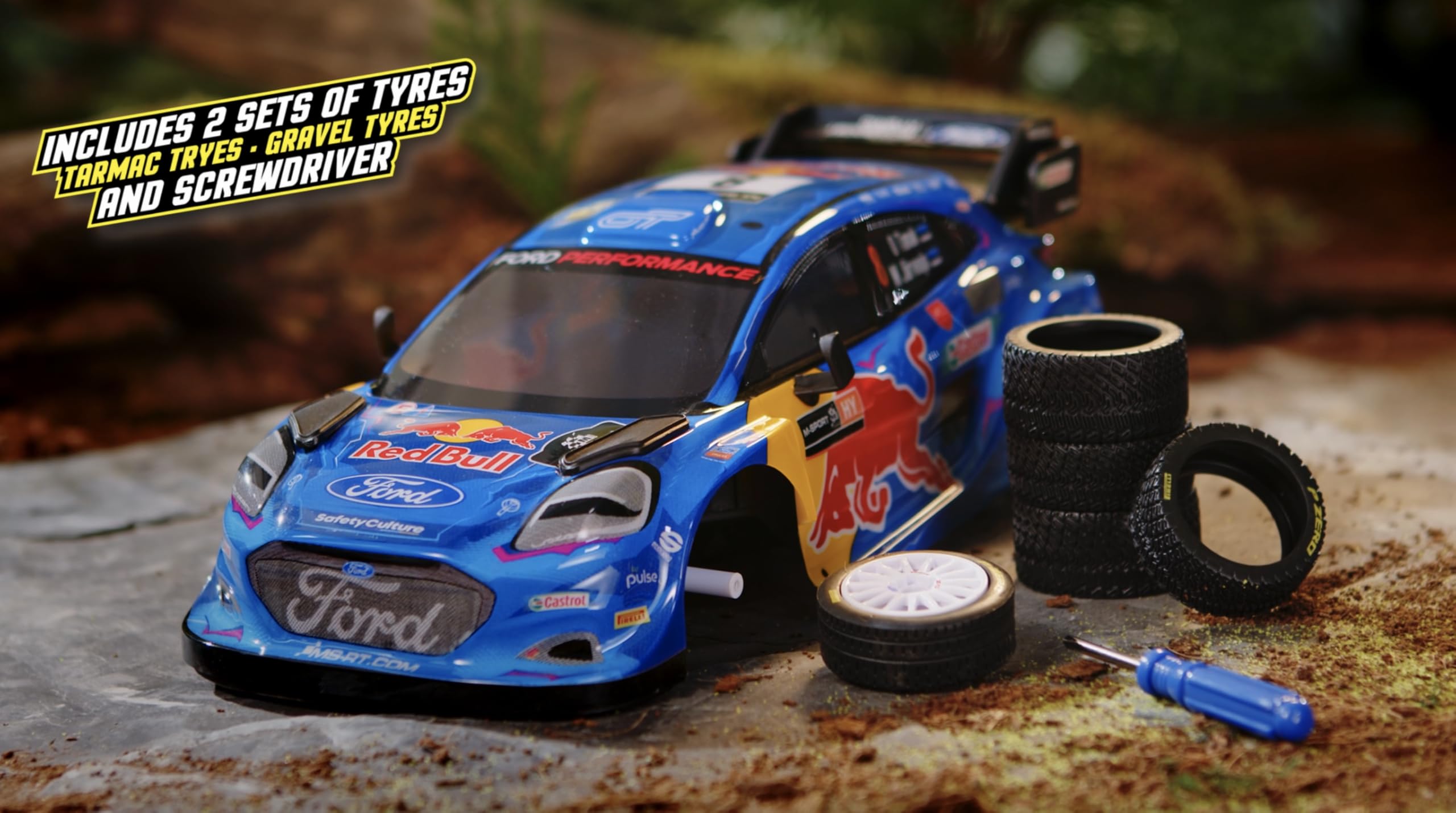 Nikko RC 10403 Red Bull M-Sport Ford Puma #8 Tänak 28 cm, realistyczne detale z dodatkowym zestawem opon i śrubokrętów, zdalnie sterowany 2,4 GHz, zasięg 30 m, od 6 lat, niebieski