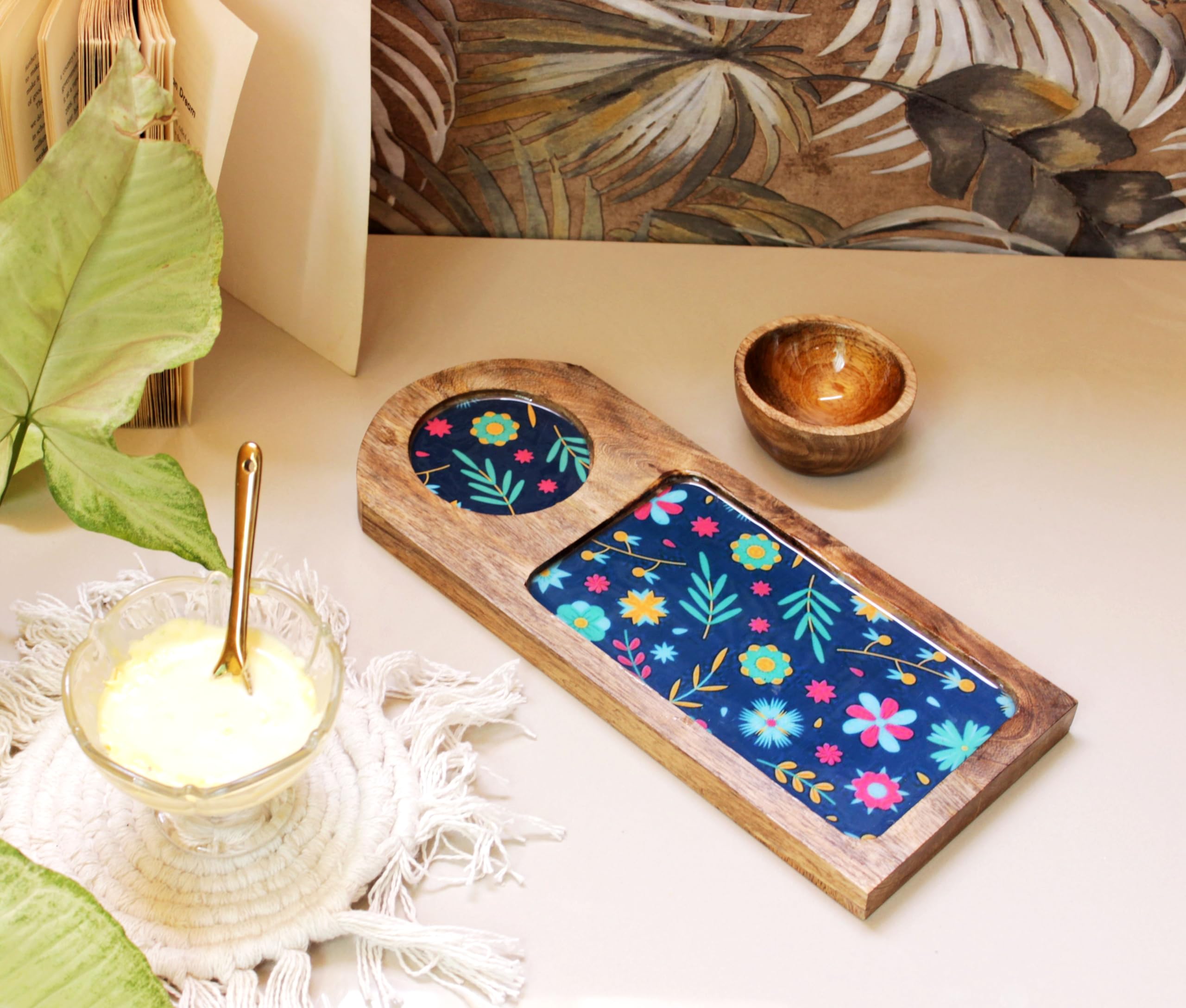 Monstera Hut ® Cyanic Garden Bowl with Rectangular Tray | Serving Platter | Platters for Serving Snacks | Unbreakable Serving Dessert and Snacks Platter/Tray | Serving Tray