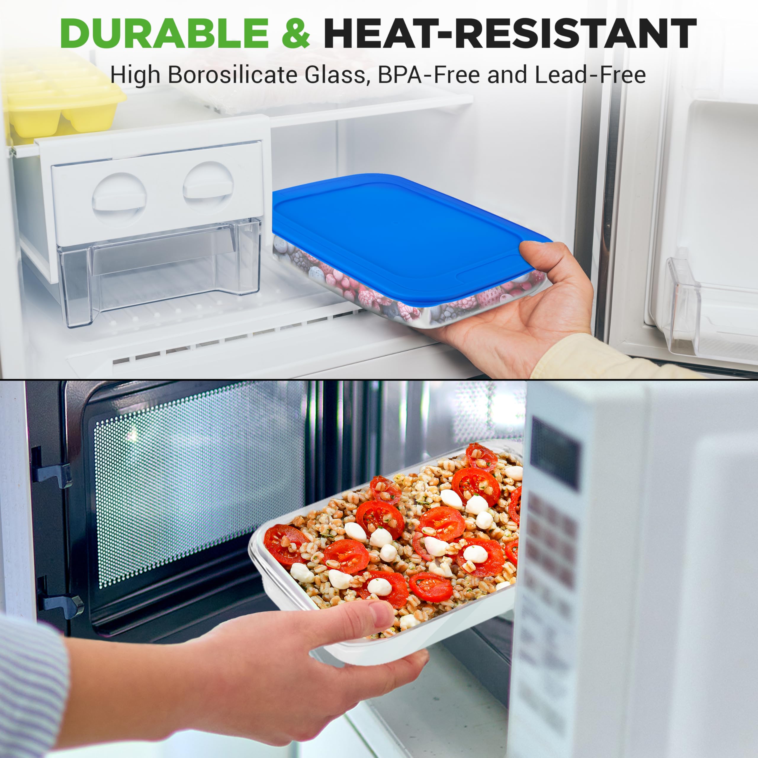 NutriChef 4 Sets Glas-Backformen – hohe Borosilikatglas-Backform mit blauen BPA-freien PE-Deckeln, Gefrierschrank zu Backofen, Küche, Backen, Auflaufform, stapelbar, spülmaschinengeeignet