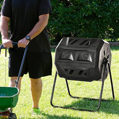 Efficient Composting with 360 Dual Chamber Rotating Composter, 43 Gallon Capacity for Outdoor Use, Black