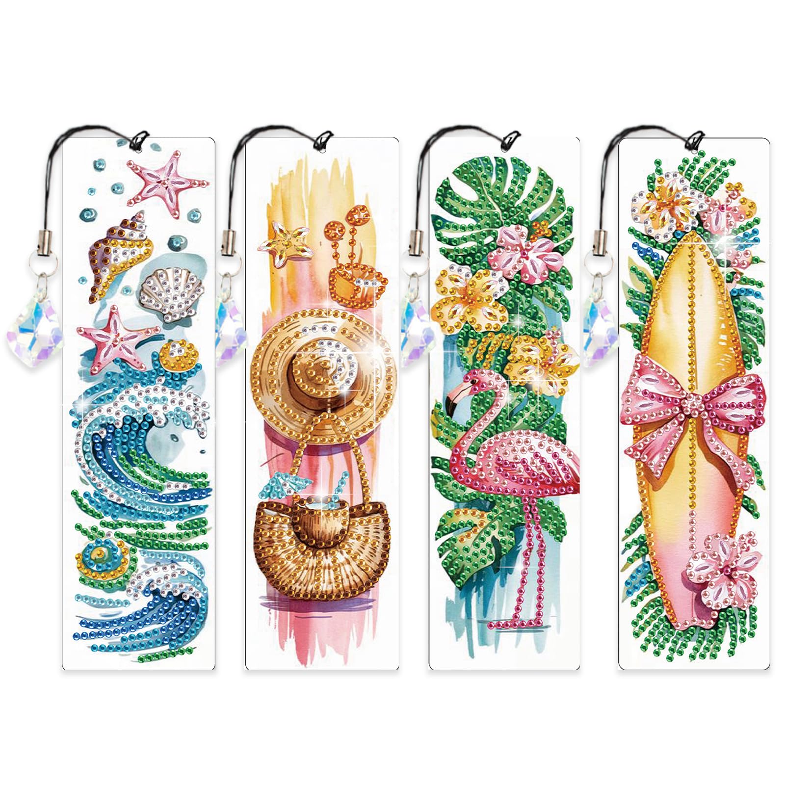 4 PCS Diamond Art Painting Bookmarks, 5D DIY Diamond Bookmark Art Projects with Crystal Pendants Bookmark Special Shape for DIY Making Beginners Adult Arts Craft Supplies for Adults Kids