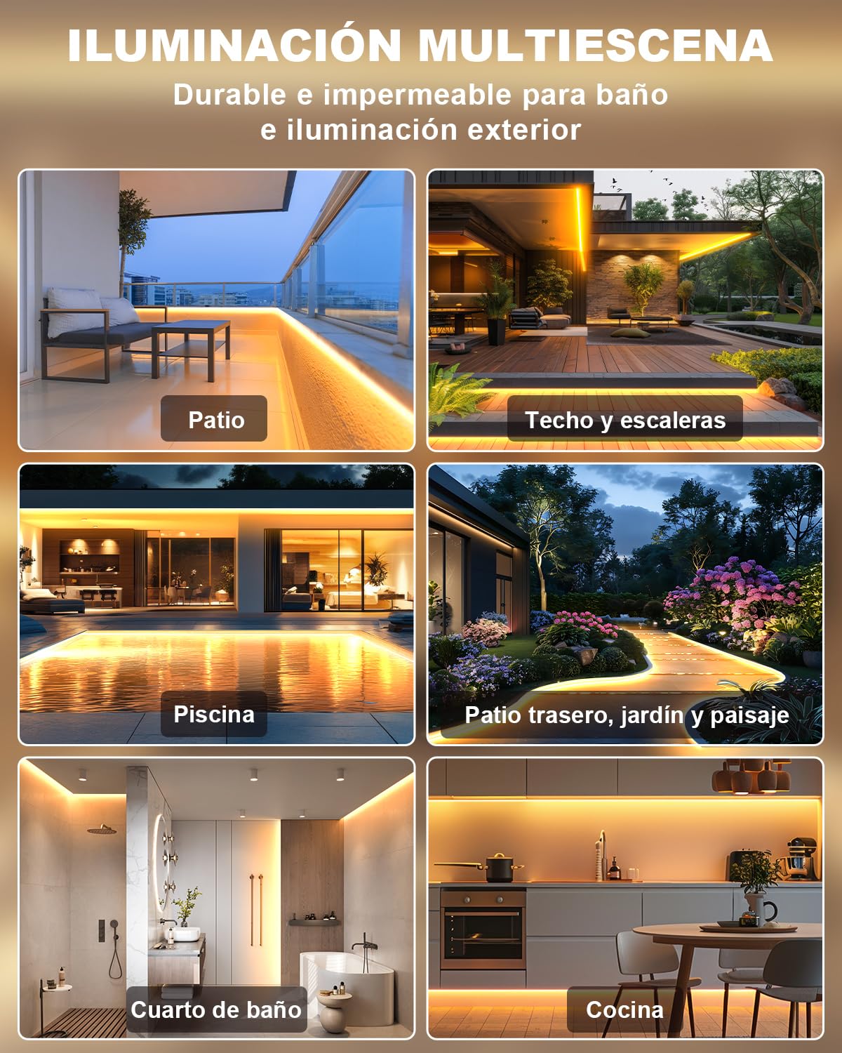 Gliztech 15M Tira LED COB impermeable IP68, 2700K Autoadhesiva Blanco Tira LED para exteriores con alimentación de 24V, BT APP y Control Remoto para Aleros, Jardines, Piscinas, Terrazas, Cocinas