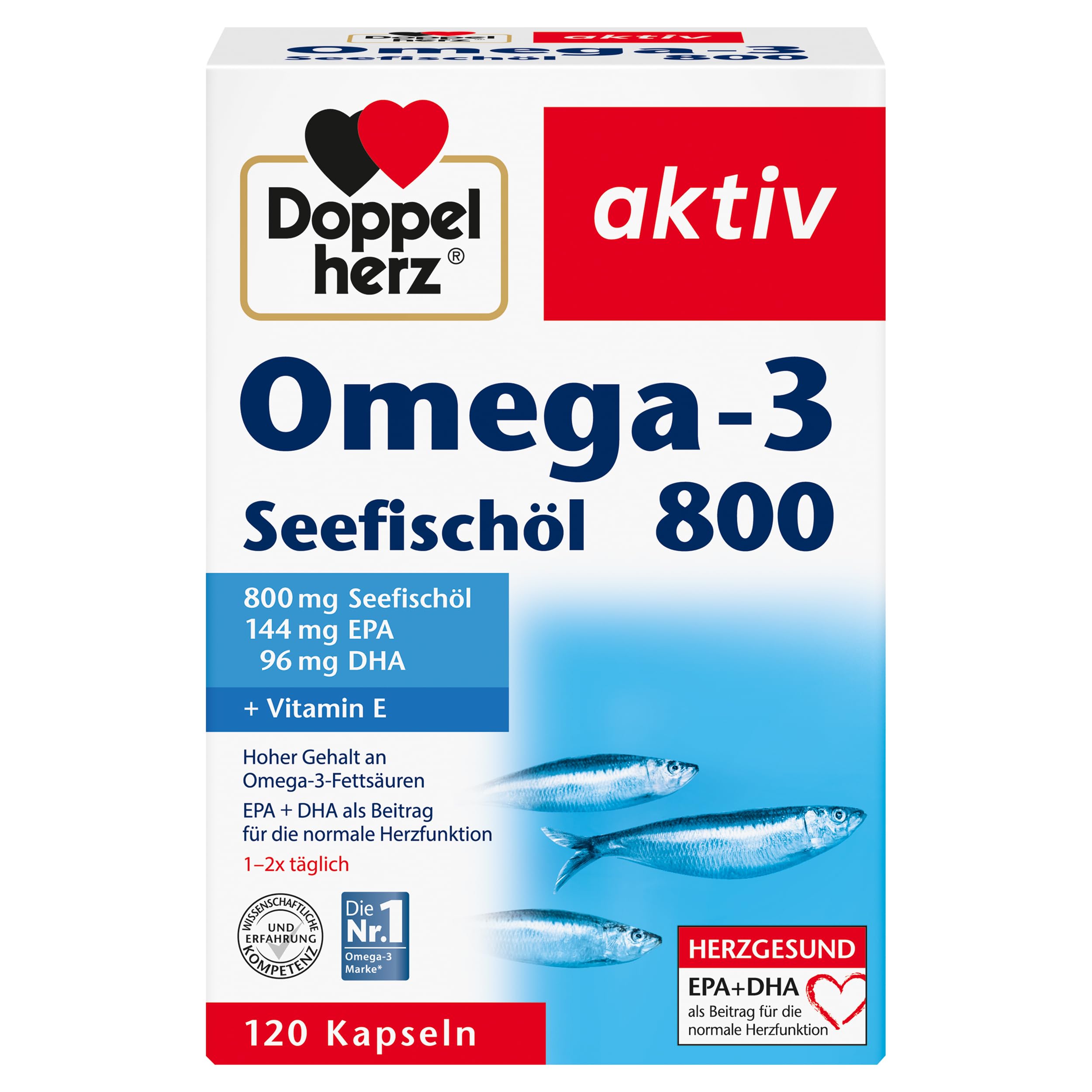 Doppelherz Omega-3 Seefischöl 800 – Mit EPA und DHA sowie Vitamin B1 als Beitrag für die normale Herzfunktion – 120 Kapseln