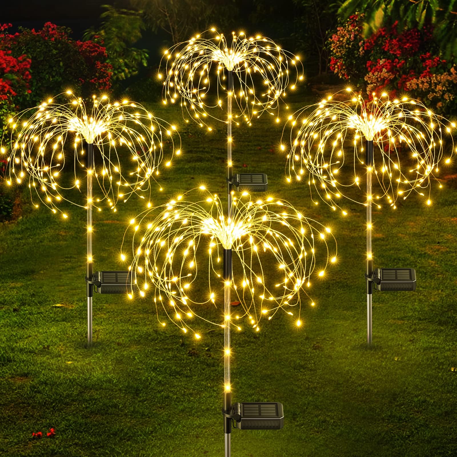 E-Kong Solar Garden Lights 4 Pack, Upgraded 124 LED Solar Fireworks Lights Outdoor with 2 Modes, IP65 Waterproof, Landscape Solar Lights for Outside, Garden, Yard Decorative (Warm White)