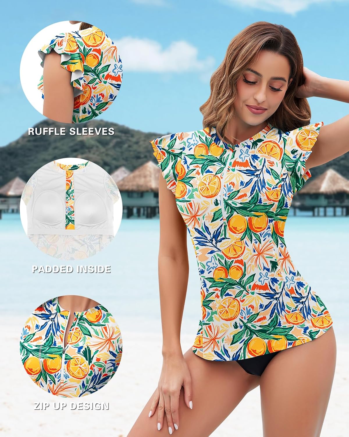 Soneven Women's Swim Shirt UPF 50+ Ruffle Sleeve Rash Guard UV Sun Protection Swimsuit Top Bathing Suit No Bottom - Image 3