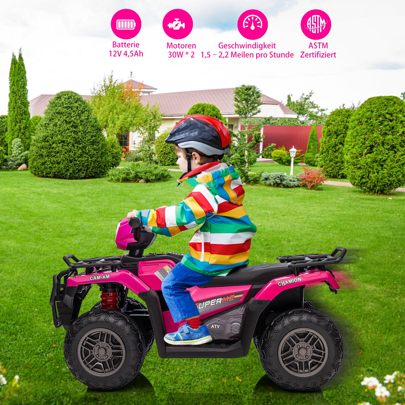 12V Elektro-Quad für Kinder – LED-Scheinwerfer, Musik, Vorwärts-/Rückwärtsgang, 4 Räder, 88x50x46cm, stabile Bauweise, Geschenkidee – Kinderfahrzeug ab 3-8 Jahre, Farbe: Rosa Rot
