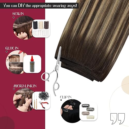 Miniatura 4 de Vivien Extensiones de cabello humano balayage de 18 pulgadas con trama cosida marrón que se desvanece a marrón caramelo y marrón ombré 100 Remy