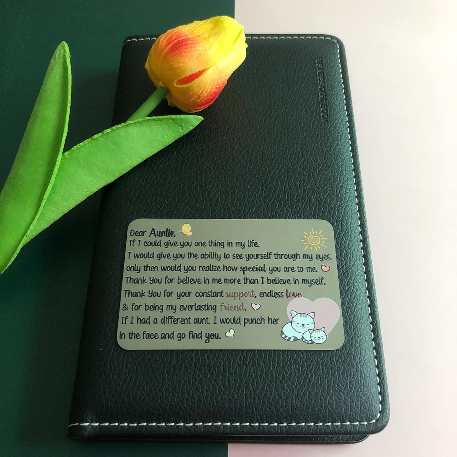 Aunt Wallet Insert Card Auntie Birthday Greeting Cards Christmas Appreciate Gift Aunty Personalized Engraved Pocket Card Mothers Day Thanksgiving Love Cat Reminder Thank You Keepsake from Niece Nephew - Image 2