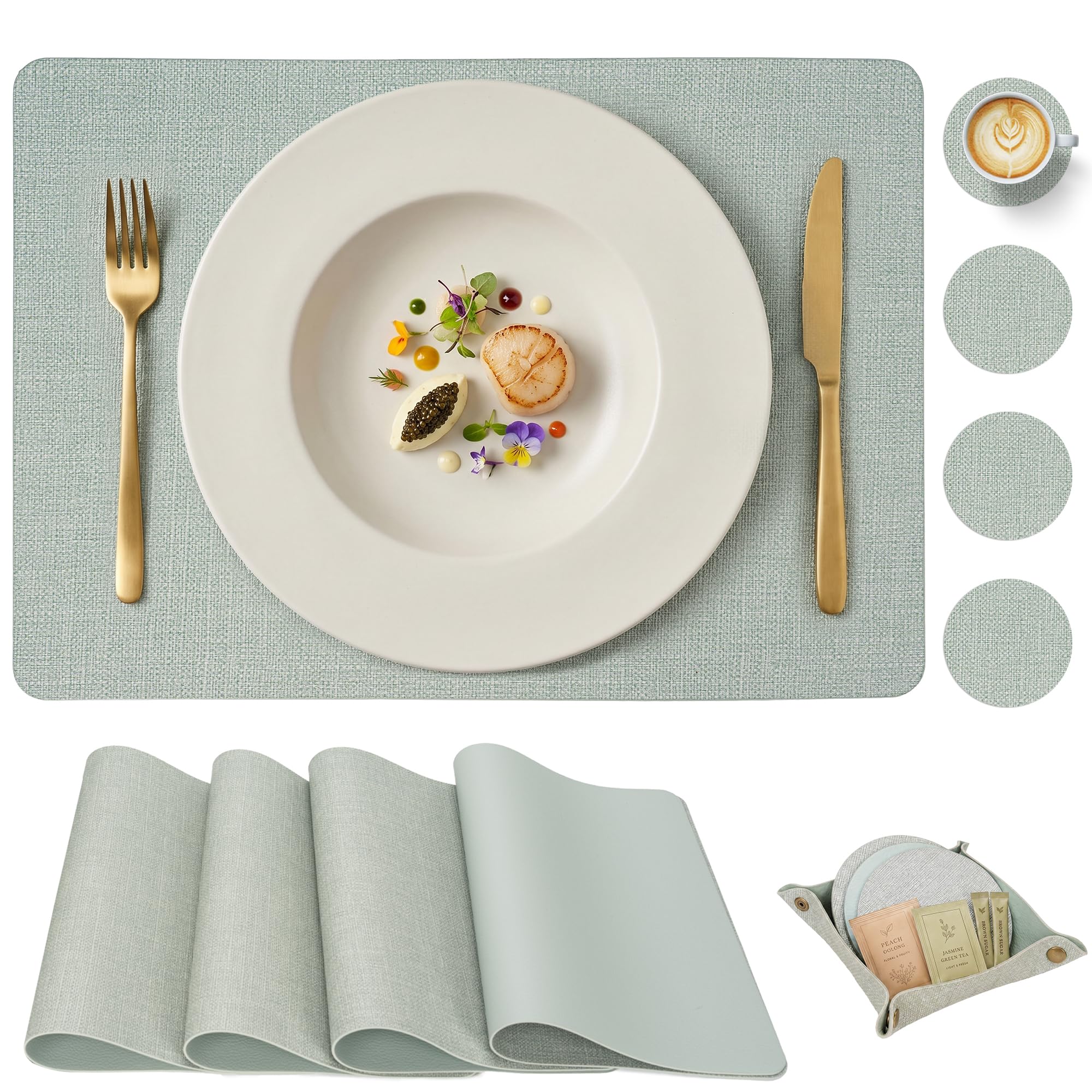 PROMATTOO Faux Leather Placemats Set of 4 with Coasters and Storage Tray, Linen Look Wipe Clean Table Mats, Water and Heat Resistant, Non Slip for Kitchen and Dining Table, 43 x 30 cm