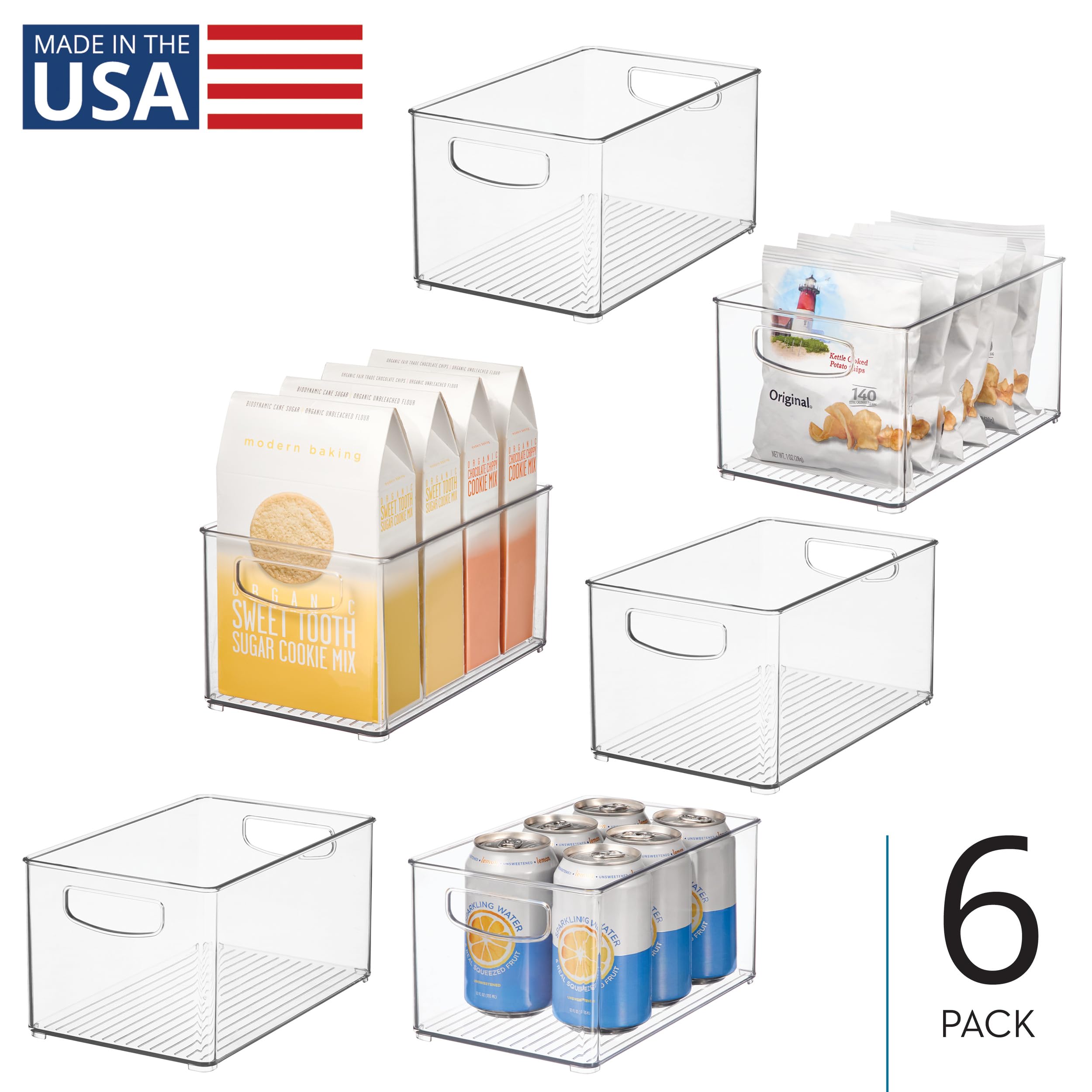 iDesign Juego de 6 organizadores de plástico reciclado con asas de fácil agarre para despensa y almacenamiento de cocina, congelador y frigorífico, transparente