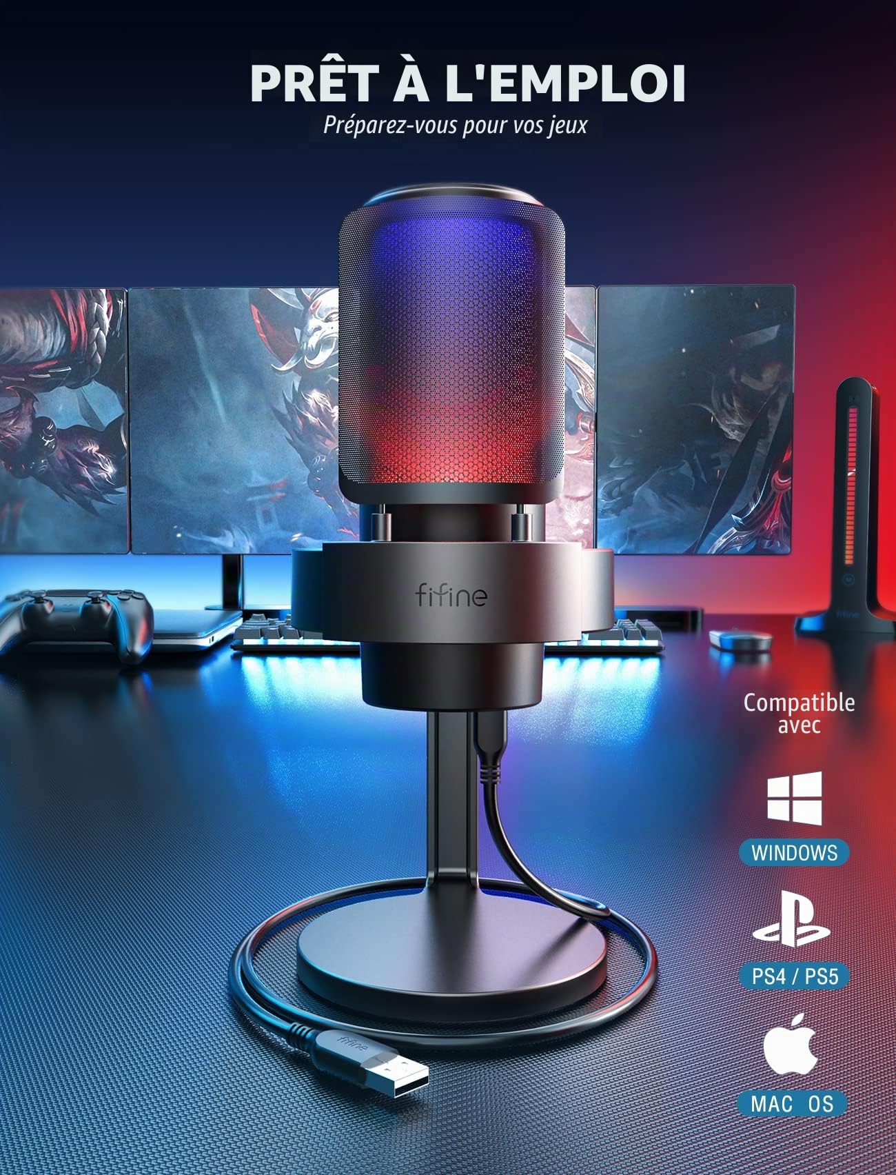 FIFINE USB PC Microphone Gaming pour Streaming, Podcasts, RGB Condensateur Microphone pour Mac PS4 PS5, avec Contrôle RGB, Touche Muette, Prise Casque, Filtre Anti-Pop
