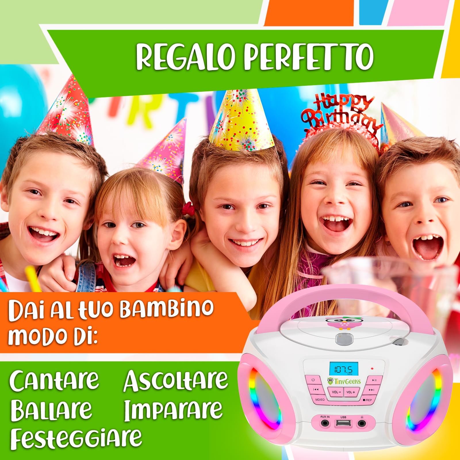 TinyGeeks Tunes CD PLAYER BAMBINI - NUOVO - Radio FM - Batterie incluse - LETTORE CD BAMBINI con altoparlanti - Regalo perfetto - Rosa