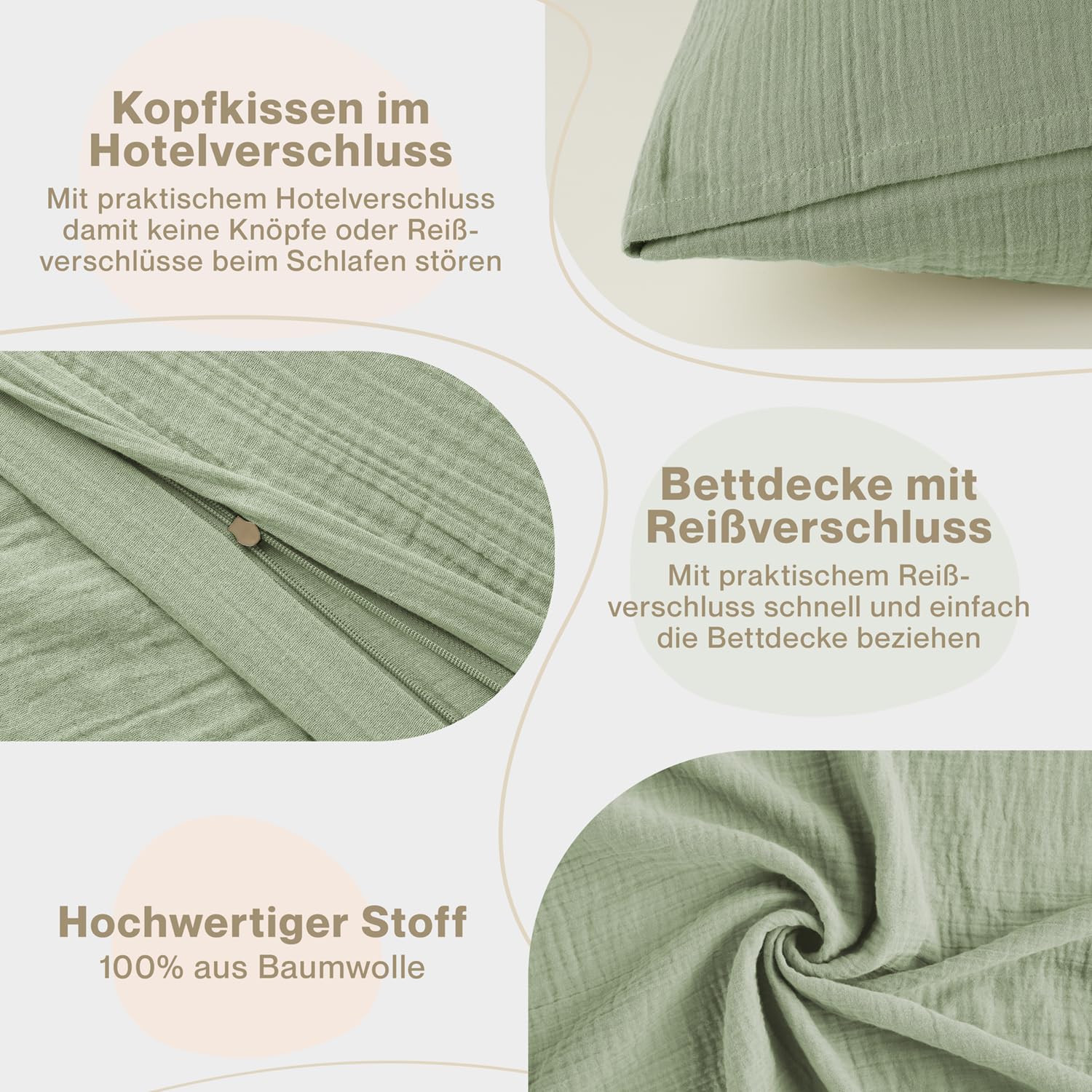 Blumtal Musselin Bettwäsche 135x200 cm + 80x80 cm - Oeko-TEX zert. Bettwäsche 135x200 Musselin aus 100% Baumwolle - extra weiches Bettwäsche-Set waschbar bei 40 °C - Sommerbettwäsche Grün