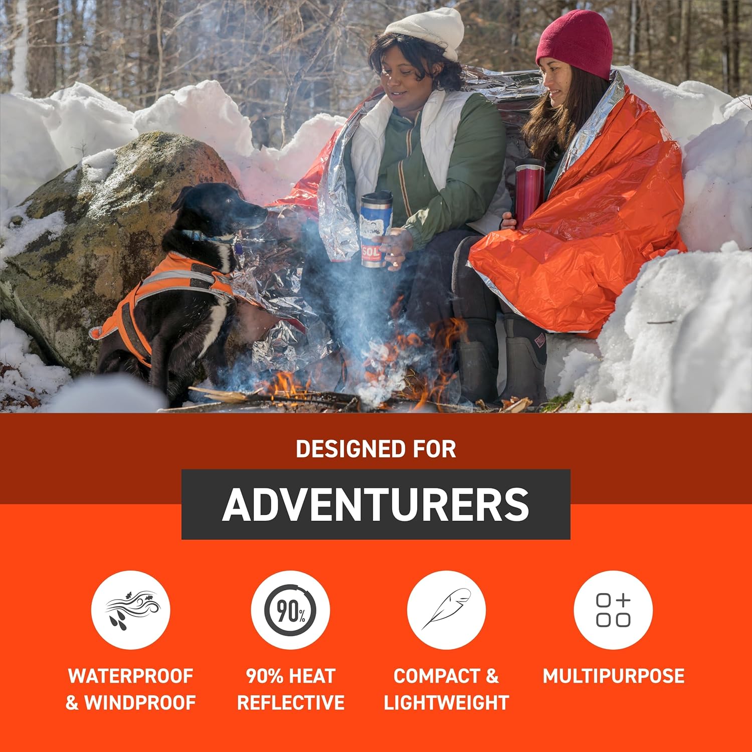 S.O.L. Survive Outdoors Longer 90% Heat Reflective Emergency Blanket - for Disaster Preparedness Kit - Waterproof & Windproof - Fits up to 2 People - 58" x 98", 5.9 oz, Orange (Pack of 3)