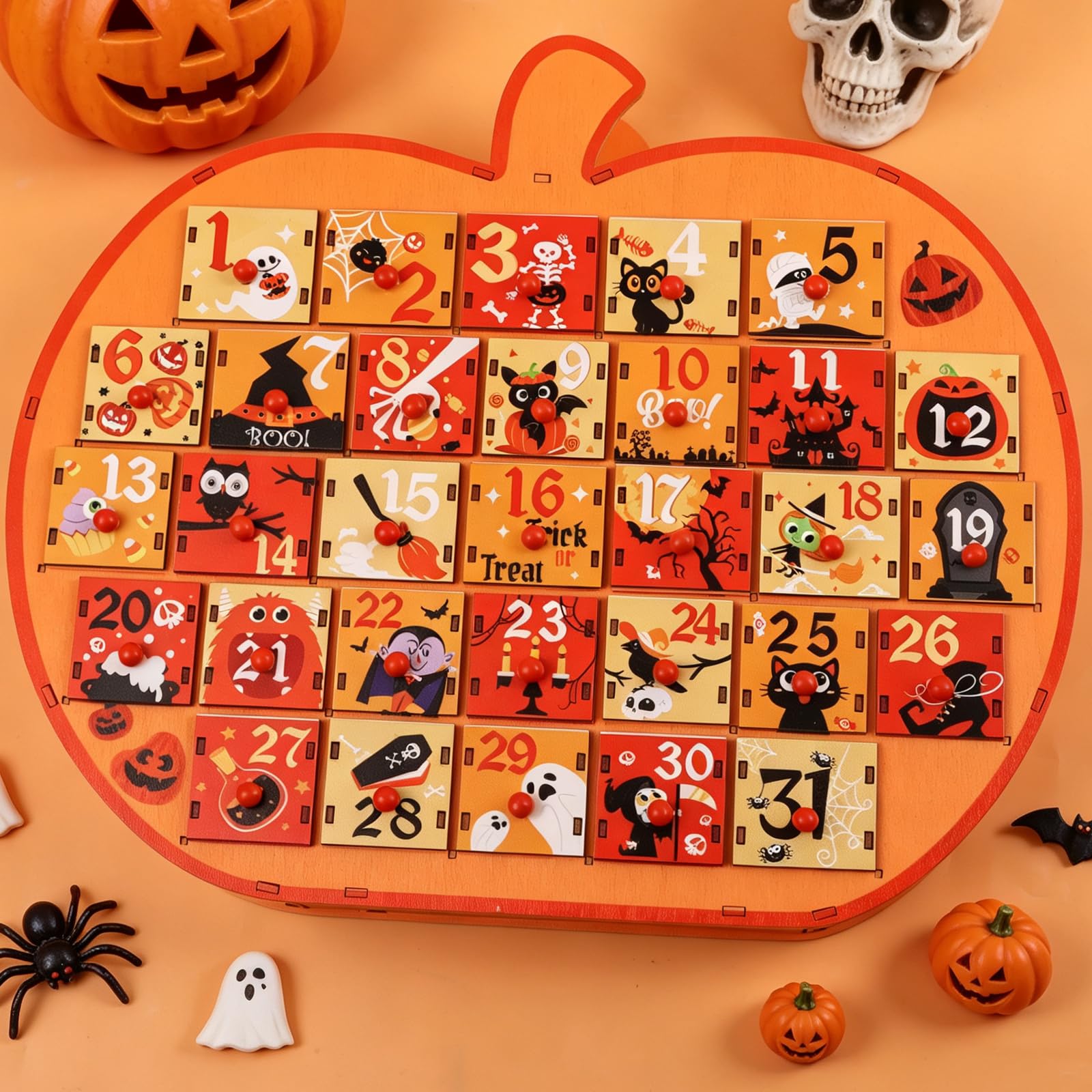 FOIMAS Calendario de Adviento de Halloween, caja de calendario de Adviento de madera con cuenta regresiva de calabaza de 31 días con cajones de almacenamiento para decoración de fiesta de Halloween