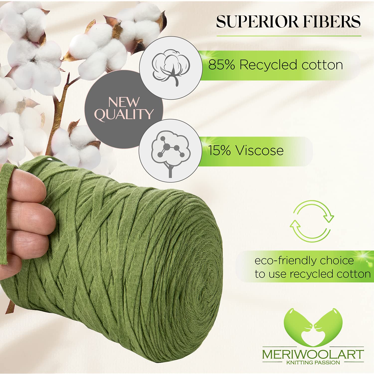 MeriWoolArt® Cotton Yarn Ribbon Green, 10 mm T-Shirt Tape Yarn for Knitting Macrame, Crochet, Weaving, Gift Ribbon - Image 4