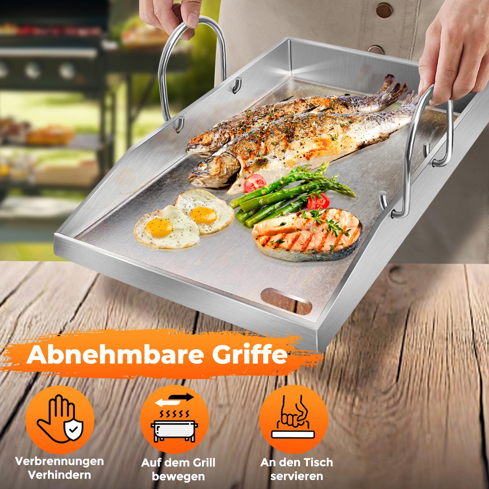 Grillplatte Plancha, 4 mm starker Edelstahlgrill für Gas- und Holzkohlegrills 40 x 30 x 4 cm, mit abnehmbarem Griff, mit 2 Grillspatel-Set,Grillgeschenke für Männer und Frauen