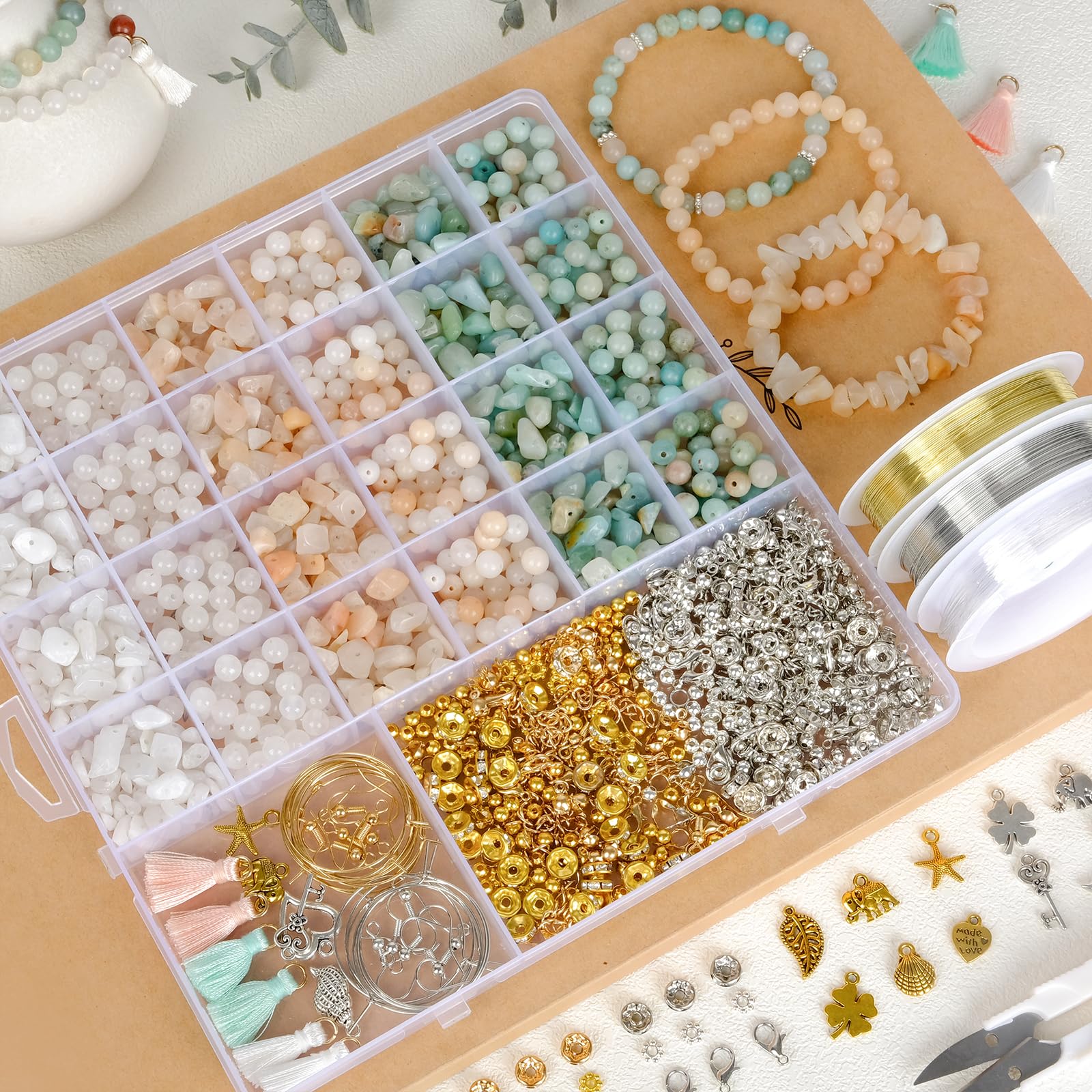 RUBY Naturstein Perlen für Armbänder, 6mm Edelstein Perlen zum Auffädeln, reicht für ca. 24 Armbänder – Schmuck Selber Machen Set aus Amazonit, Rosa Aventurin & Weißjade