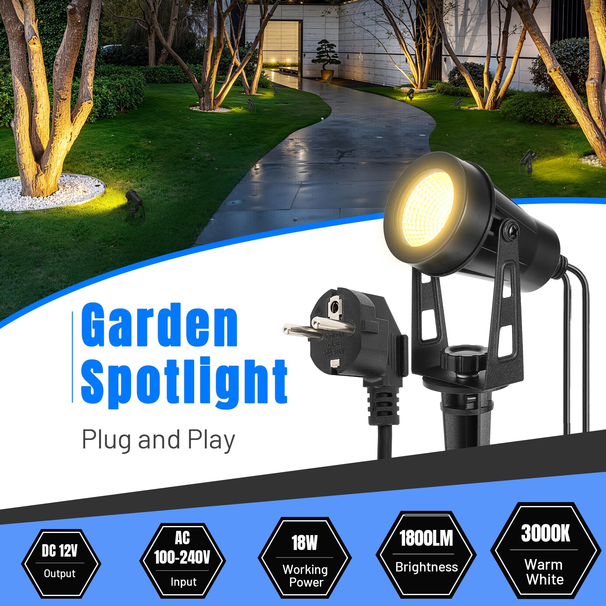 Gartenbeleuchtung Mit Strom, 8er Pack/14M Gartenstrahler Led Außen Wasserdicht mit Zeitschaltuhr und Lichtsensor Funktion, 3000K Weiß 12V IP65 Strahler Außen für Gartenweg, Terrasse, Bäume