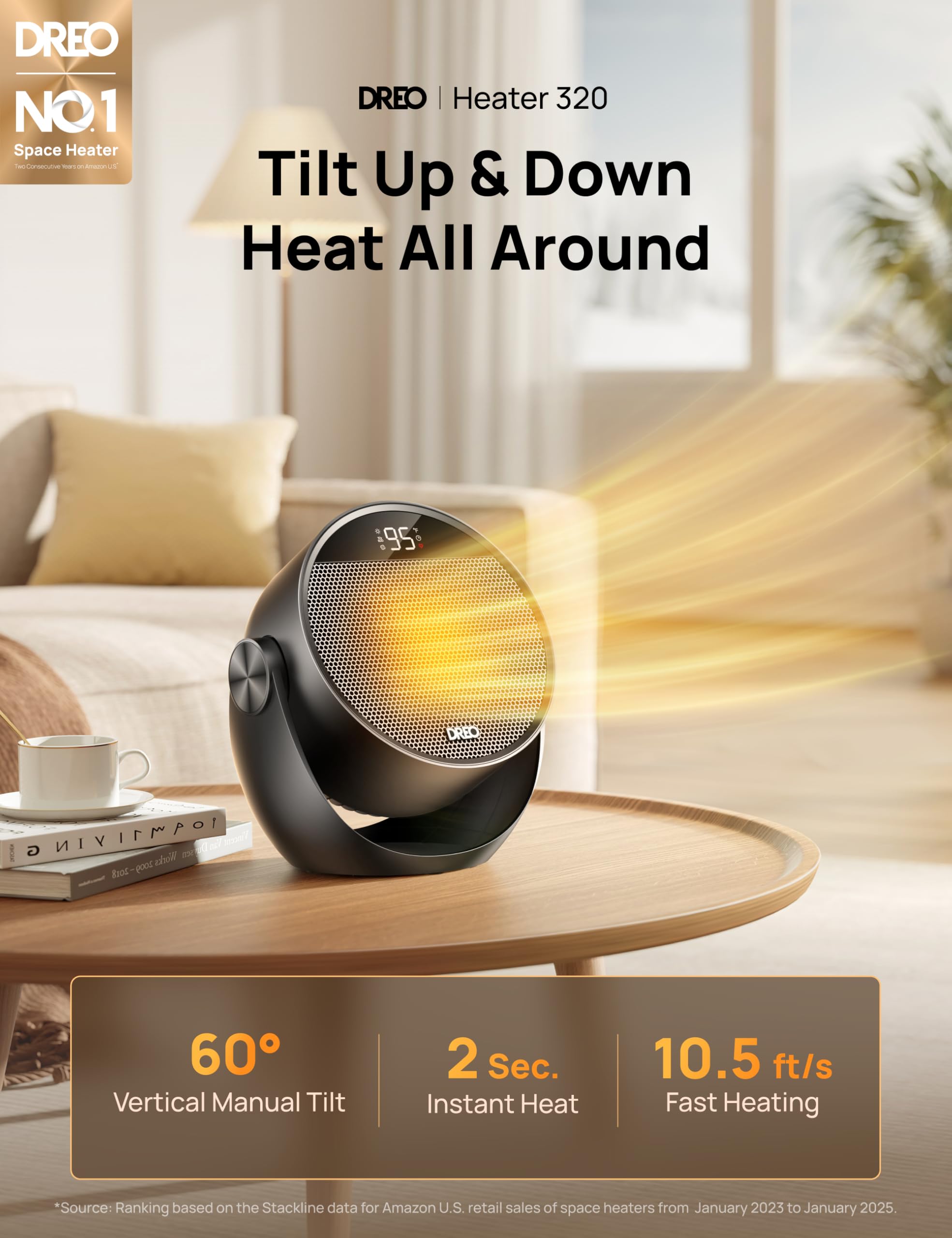 DREO Space Heater 1500W, 60° Adjustable Tilt, 10.5ft/s Portable Electric Heaters for Indoor Use with Thermostat, 8 Safety Protections, 3 Modes, Remote, Quiet Desk Heater for Bedroom, Office, Black - 2