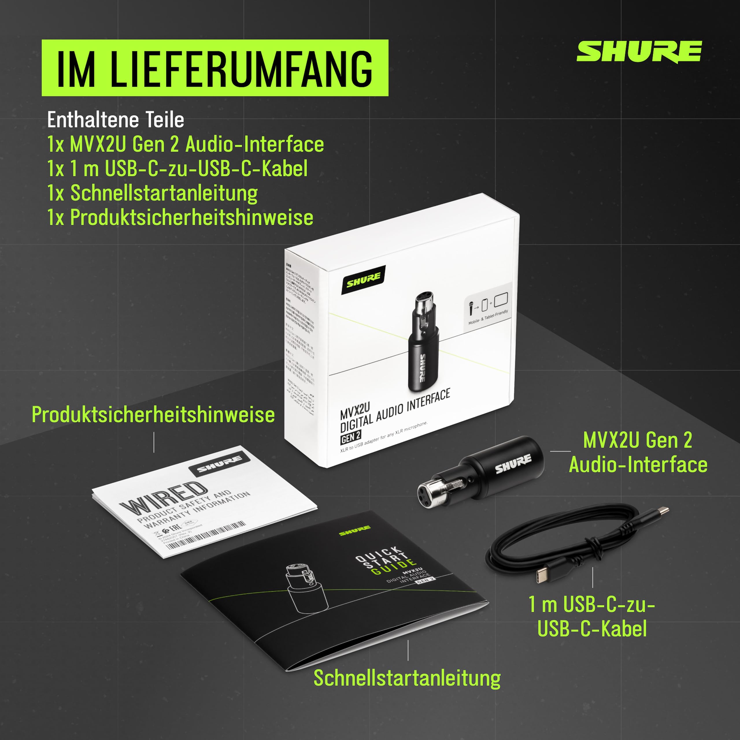 Shure MVX2U Gen 2 Digitales Audiointerface, XLR‑zu‑USB Interface für Mikrofone, für Content Creation und Recording, mit digitaler Audioverarbeitung, kompatibel mit Mac, Windows, iOS & Android‑Geräten