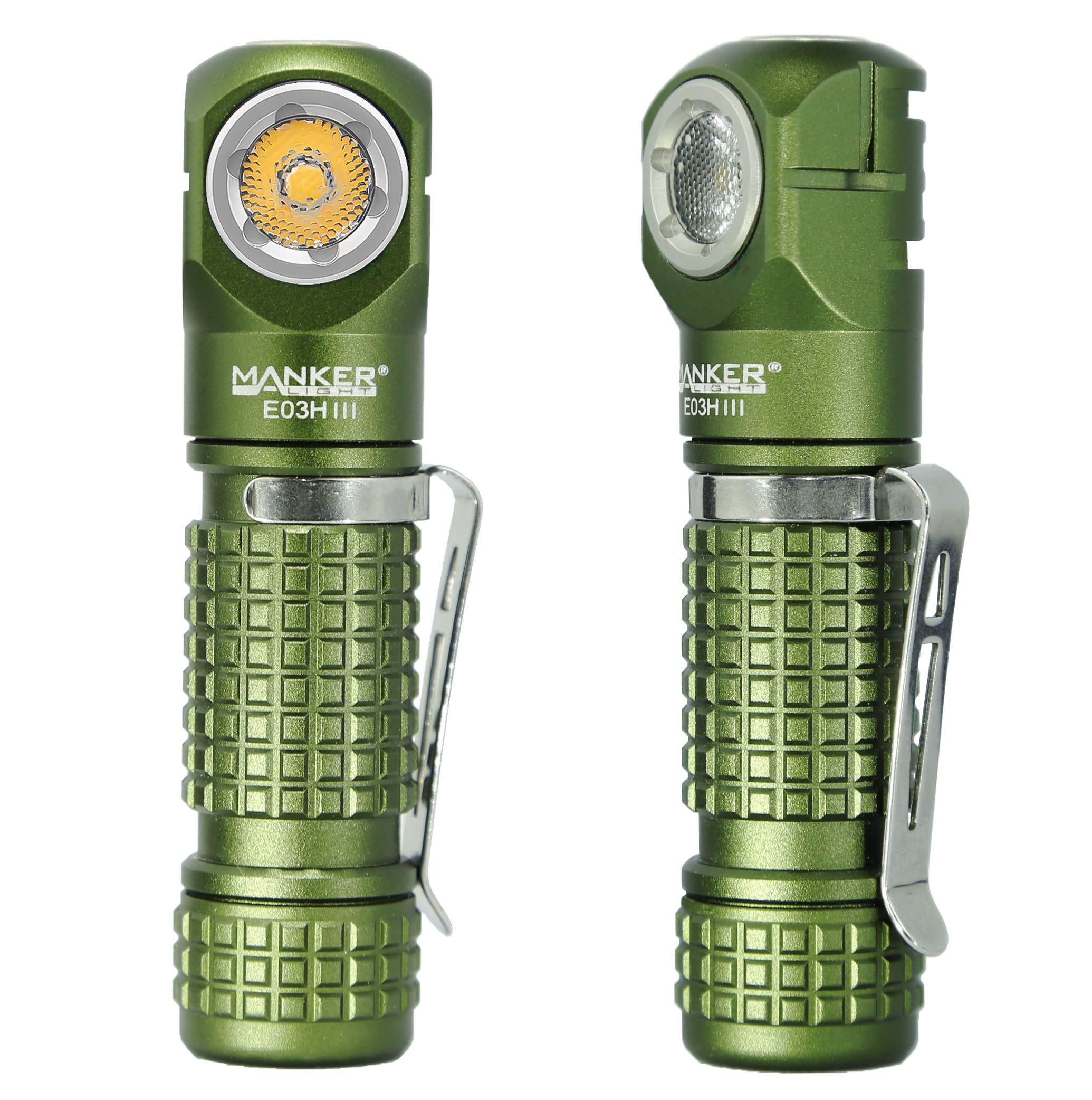 Manker E03H III Rechargeable Headlamp Pocket Mini Flashlight with Clip - 90 Degree EDC Right Angle Flashlight with Headband and Magnet Tail (4000K High CRI 519A, Army Green)