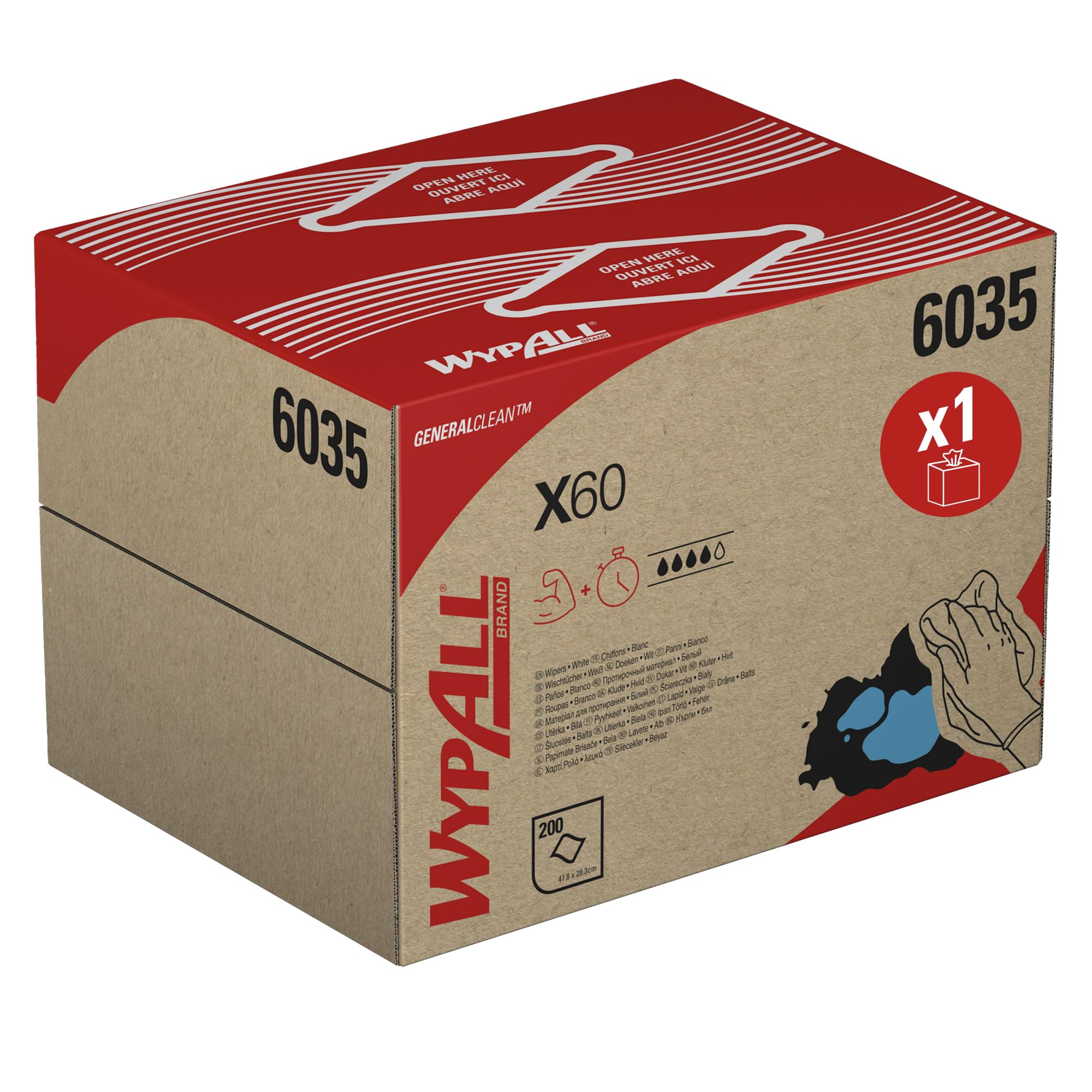 WypAll X60 Panni Industriali Multiuso 6035, Salviette Resistenti e Riutilizzabili, Alta Assorbenza, Tecnologia Hydroknit, 1 Box BRAG da 200 Panni Bianchi