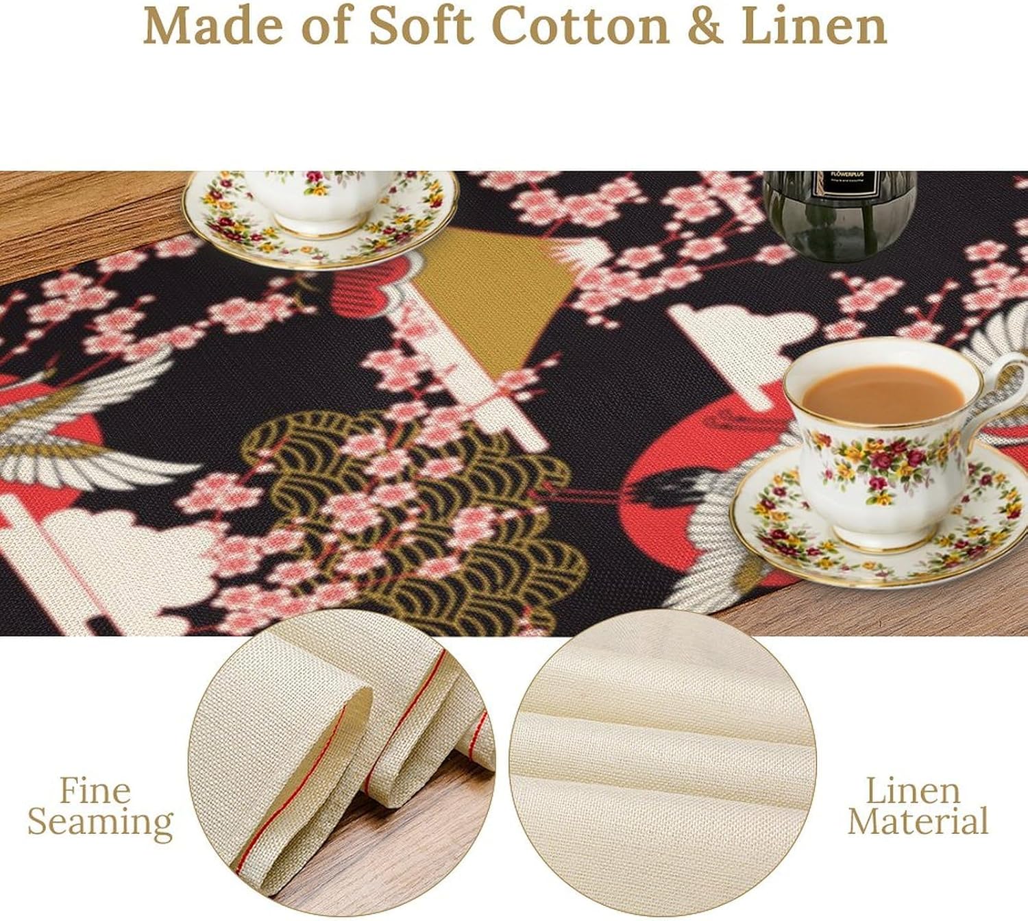 Japanese Table Runner Vintage Asian Cherry Blossom Crane Birds Sun Oriental Chinese Elegant Table Decor Table Top Dining Kitchen Wedding Party 13x120 ln