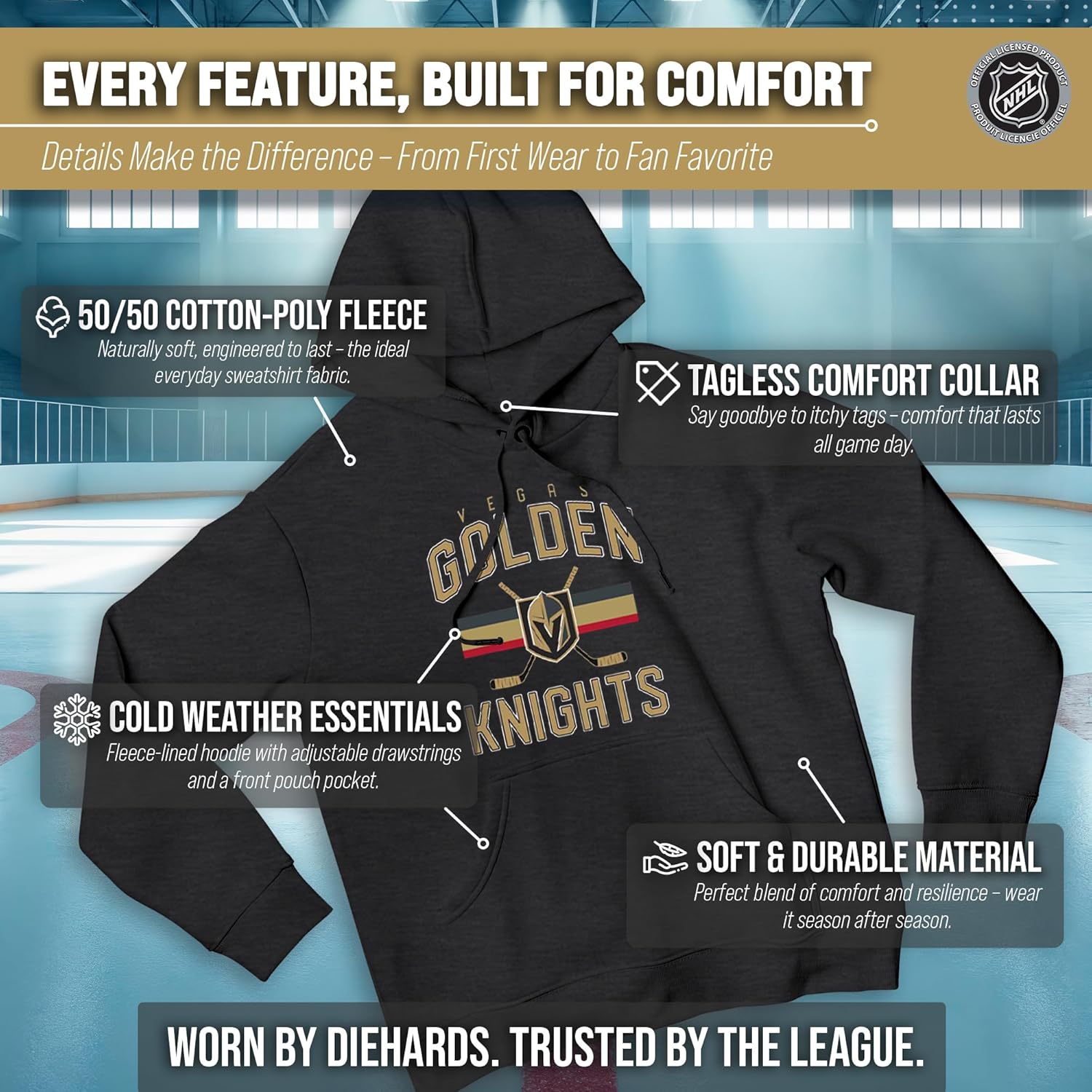 Wright & Ditson Adult NHL Faceoff Hockey Fleece Hooded Sweatshirt- Jersey Stripe - Soft Unisex Hoodie - Tag-Less Comfort - Image 3