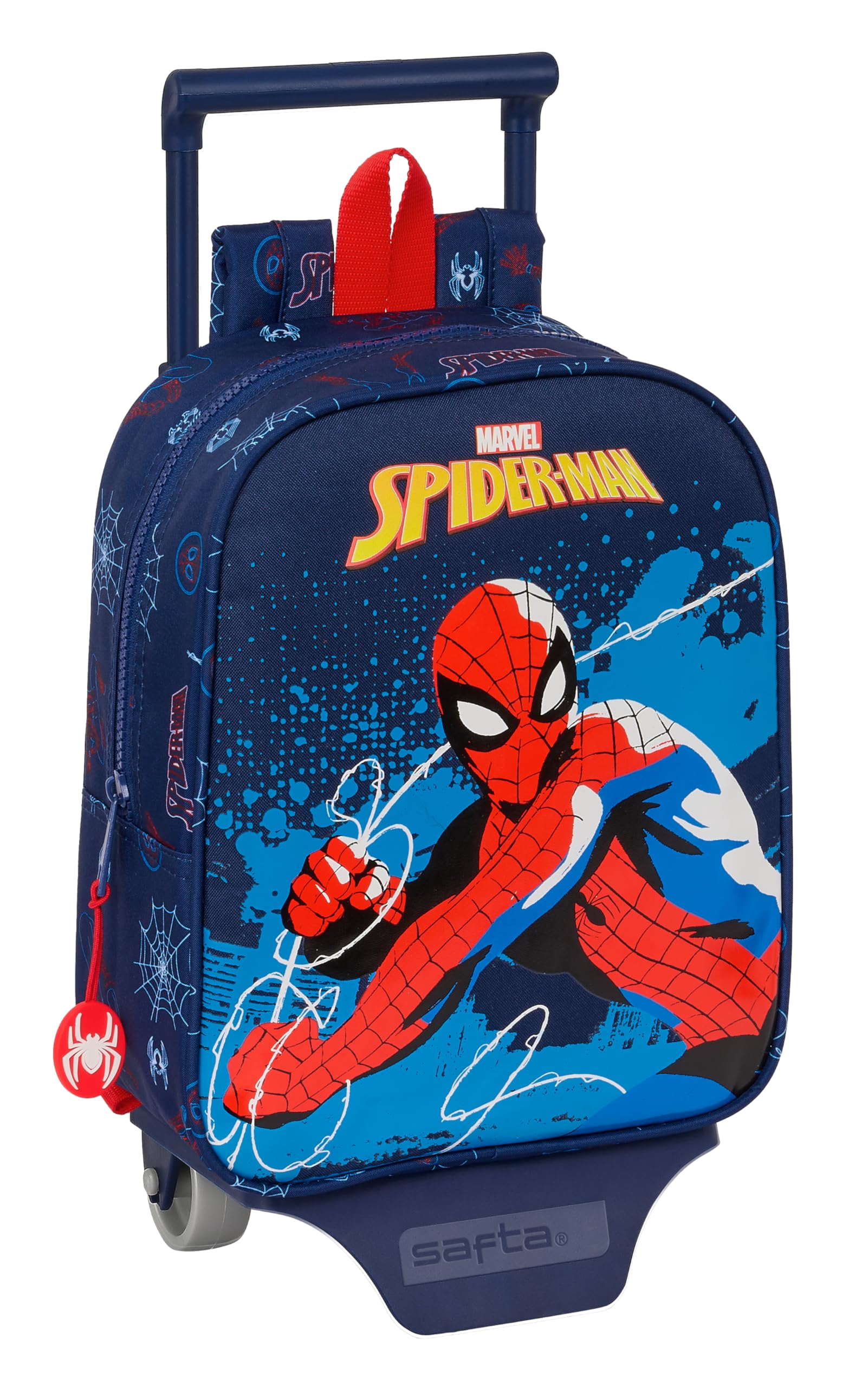 Safta SPIDERMAN NEON - Mochila Guardería con Carro, Ideal para Niños de Diferentes Edades, Cómoda y Versátil, Calidad y Resistencia, 22x10x27 cm, Color Azul Marino