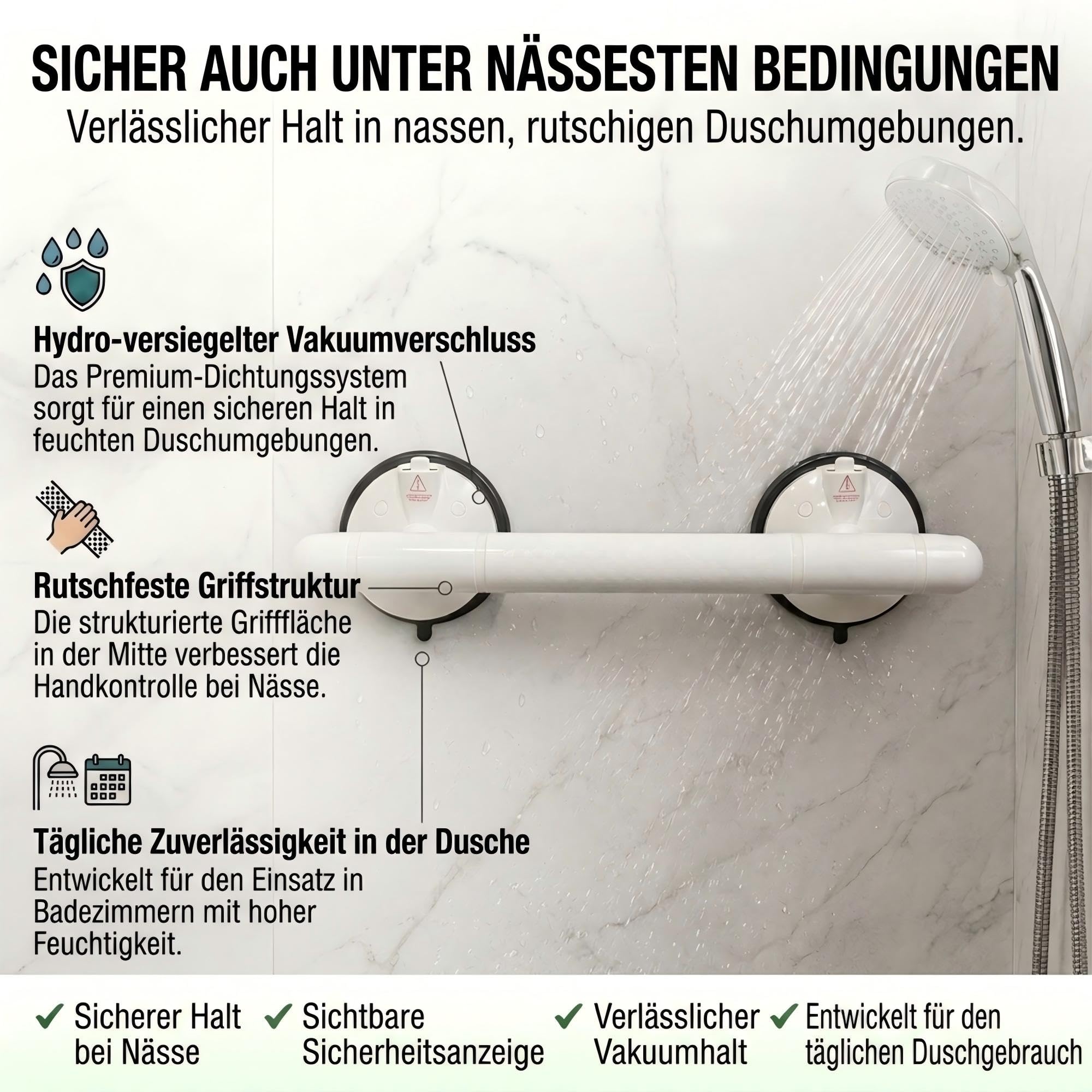 Lot de 2 poignées à ventouse améliorées de 36,5 cm avec indicateur de sécurité visuel - Sans perçage - 200 kg - Antidérapantes pour douche âgée - Baignoire WC