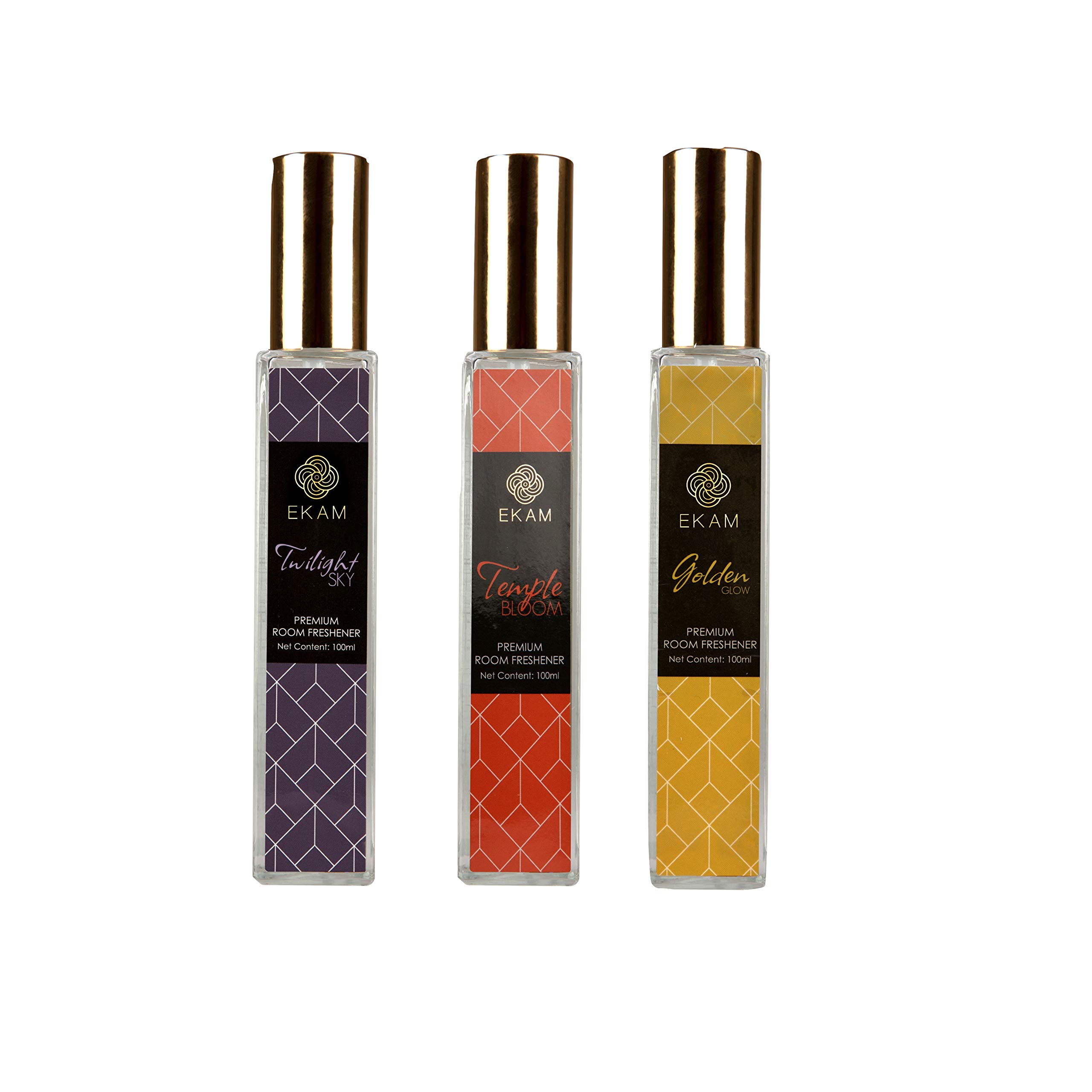 EKAM® Room Freshener Combo Pack of 3 - Golden Glow, Temple Bloom & Twilight Sky, Home Fragrance Collection, 100ml Each