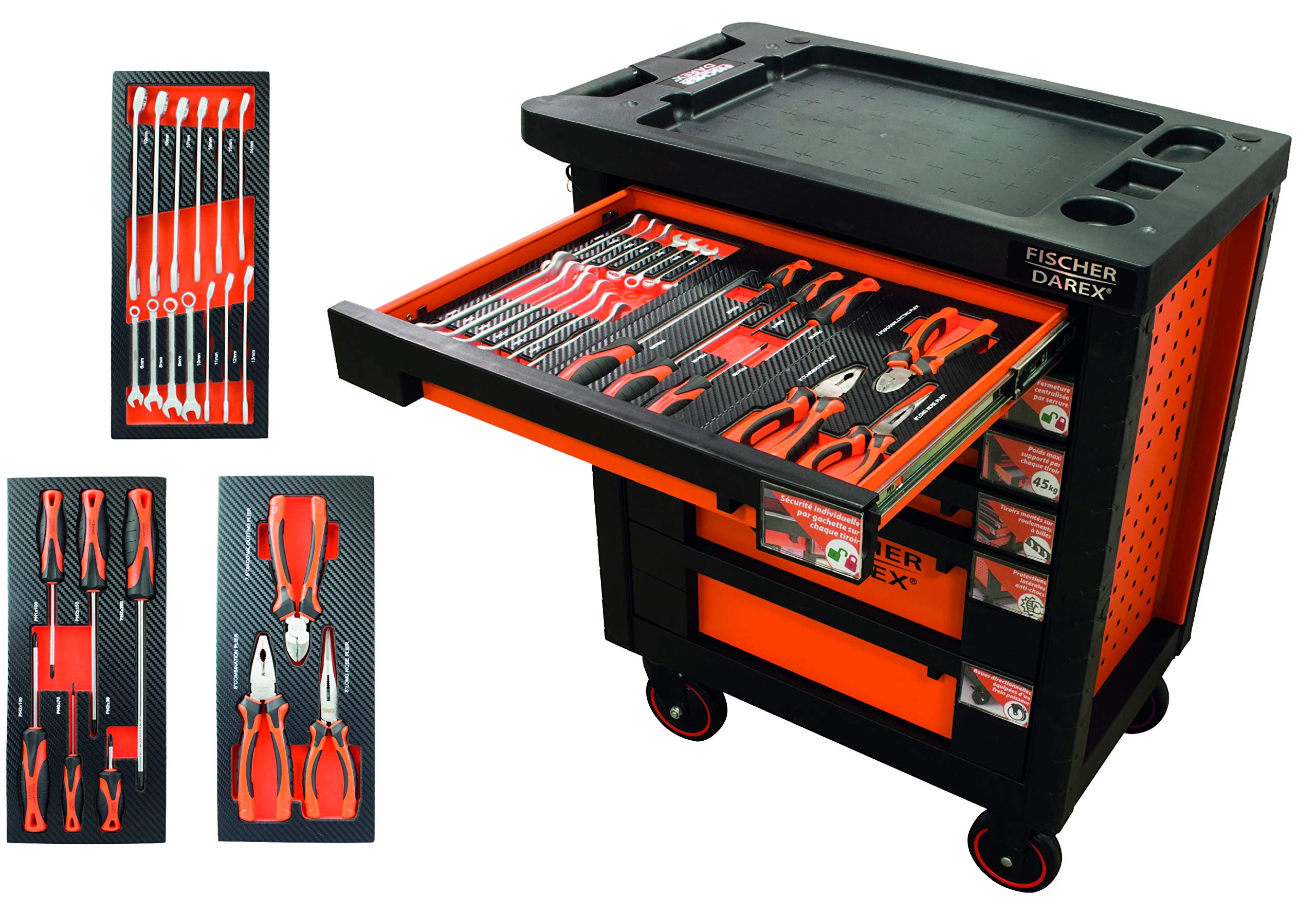 Fischer Darex - Servante d'atelier verrouillable, 6 tiroirs équipés 22 outils clés + pinces + tournevis