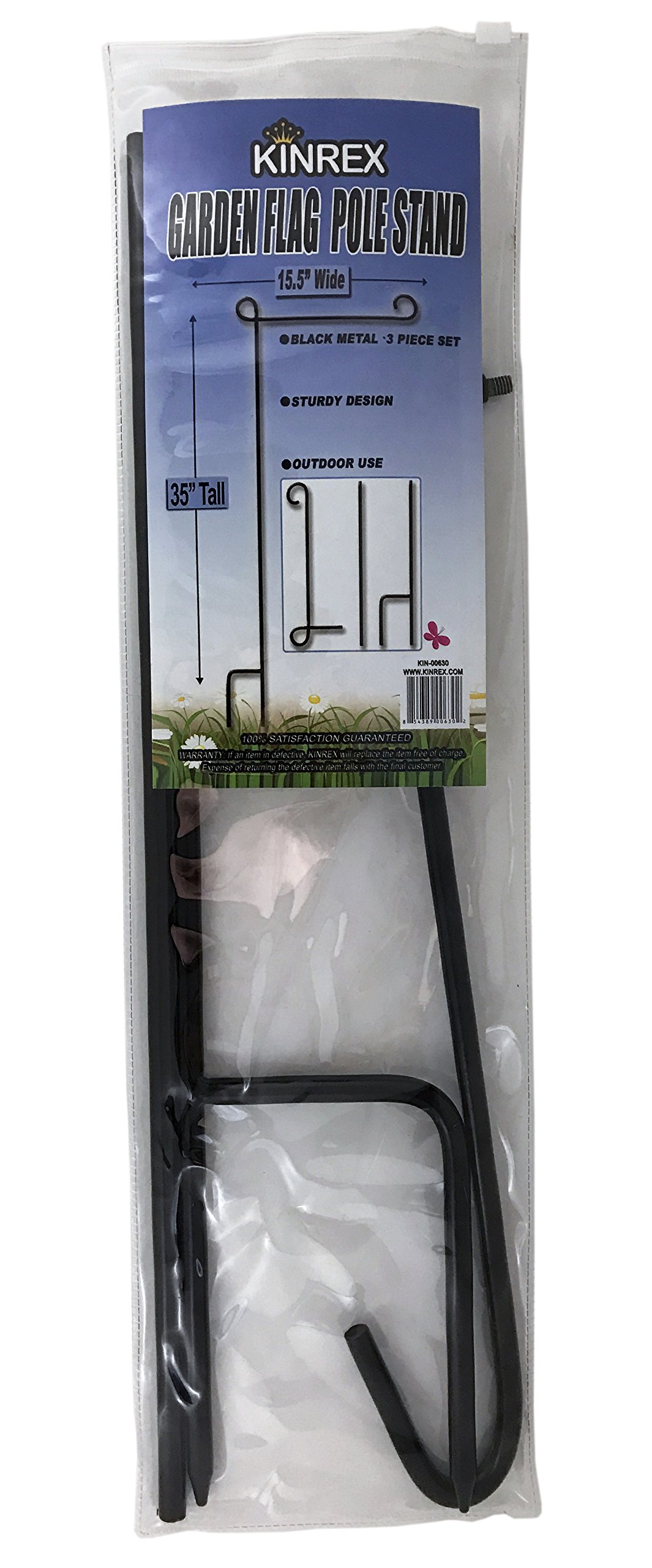 KINREX Stojak na maszt z flagą ogrodową, czarny, metalowy, żelazny, kute słupki, do ogrodu, trawnika, podwórka, 3-częściowy zestaw, 89 cm wysokości x 40 cm szerokości
