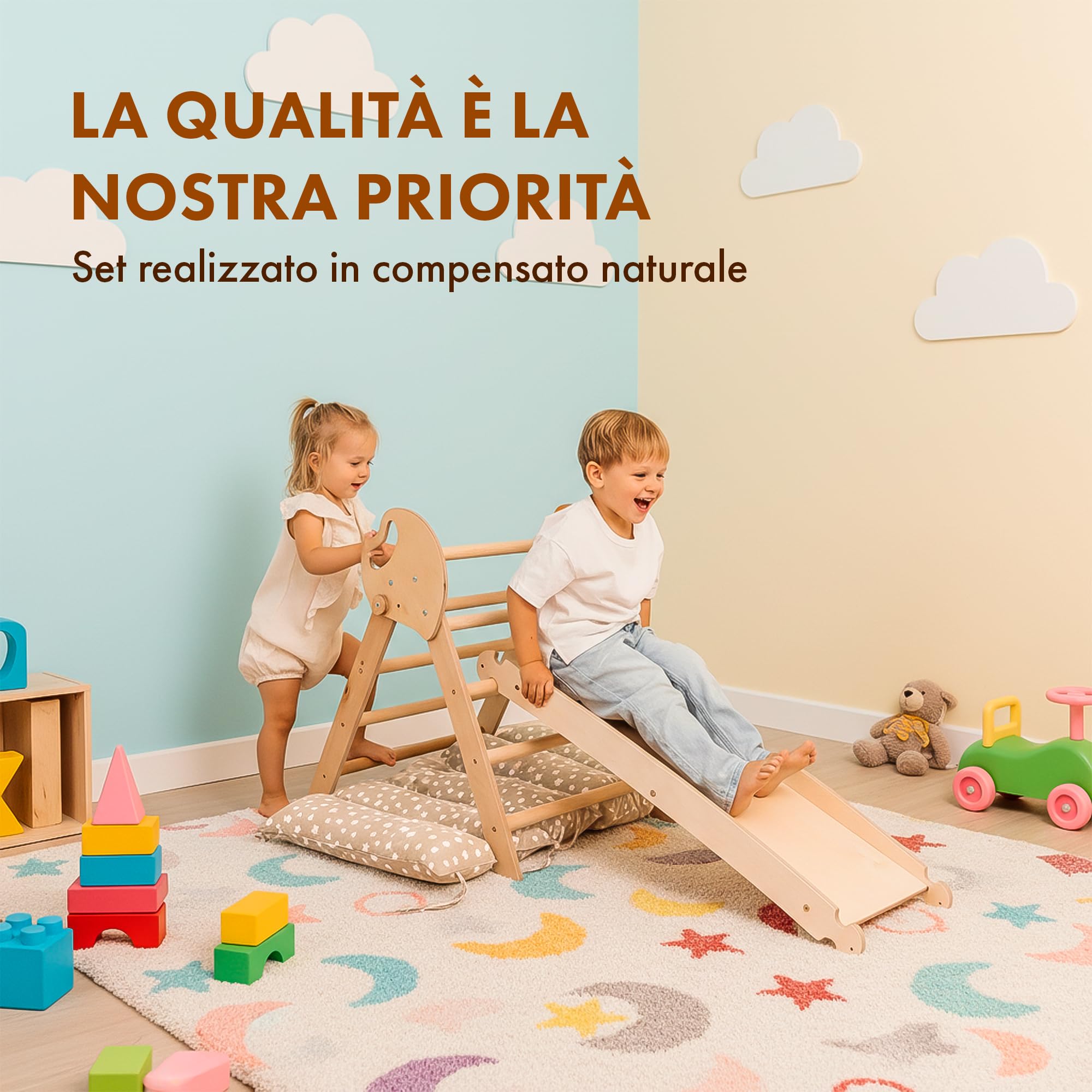 Goodevas 5-in-1 Telaio da Arrampicata per Bambini - Scala a Triangolo, Arco per Arrampicata, Balance Board e Cuscino, Telaio da Arrampicata Montessori, Palestra in Legno per Bambini da 1 a 3 Anni