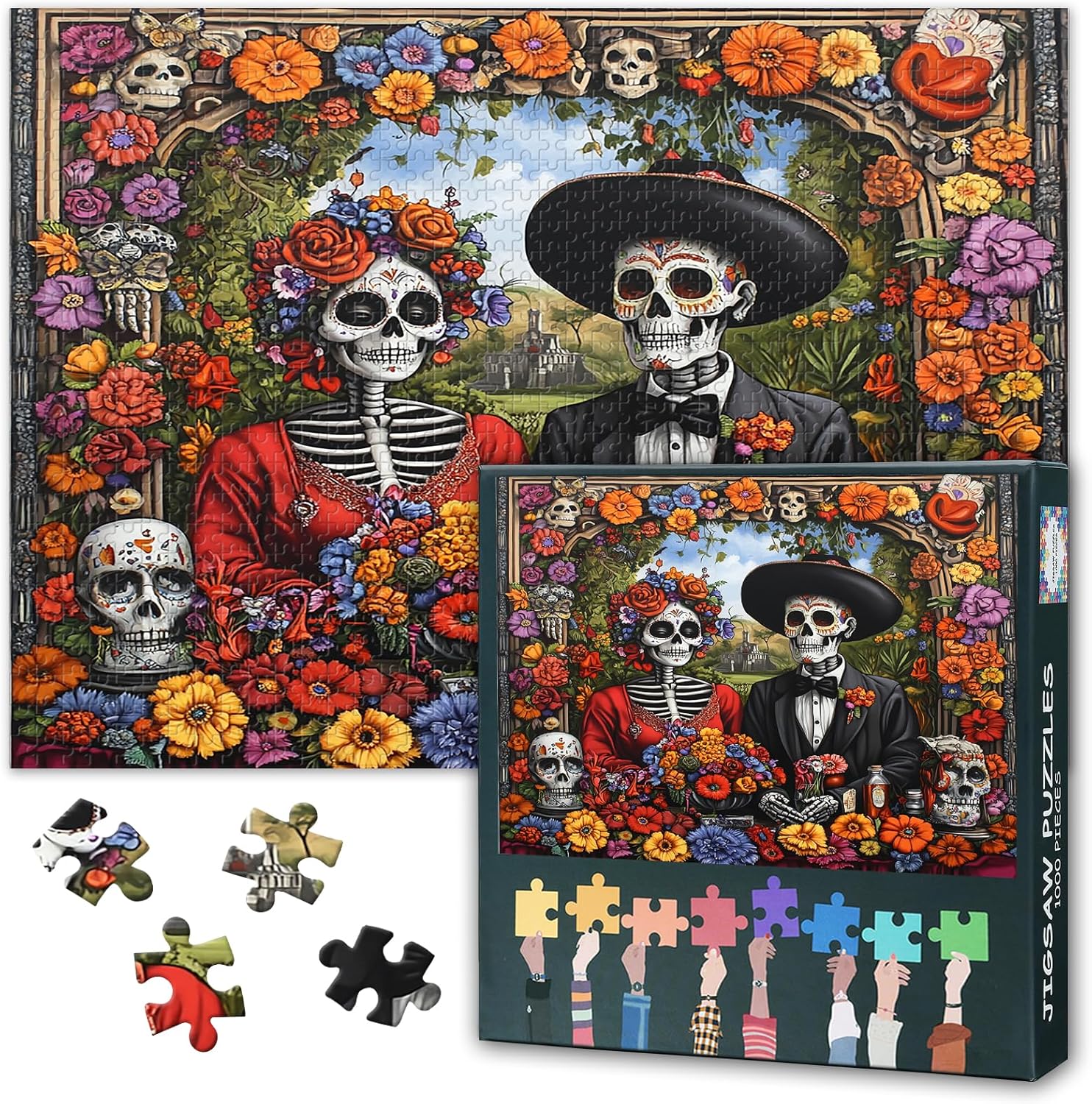 1000 Pieces Jigsaw Puzzles for Adults Flowers, Day of The Dead Jigsaw Puzzles, Skeleton Couple Puzzle for Adults, Educational Fun Games or Toys for Elders Friends 20X27 INCH