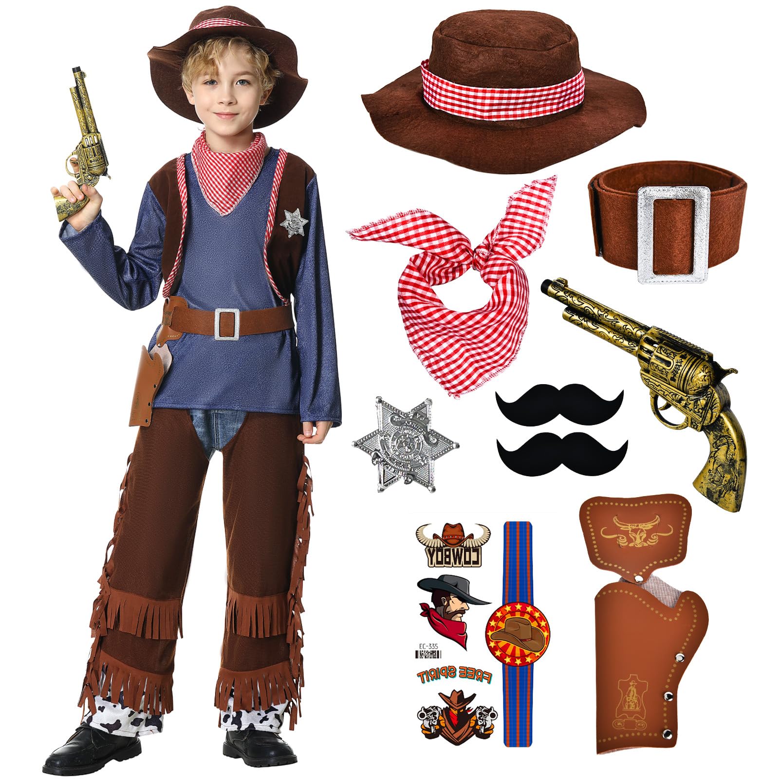 WELLCHY Disfraz de Vaquero para Niños, Costume de Vaquera Accesorios con Sombrero de Vaquero y Pañuelo, Carnaval Disfraz de Vaquero para Niños 4-12 Años Mardi Gras, Halloween, Cosplay
